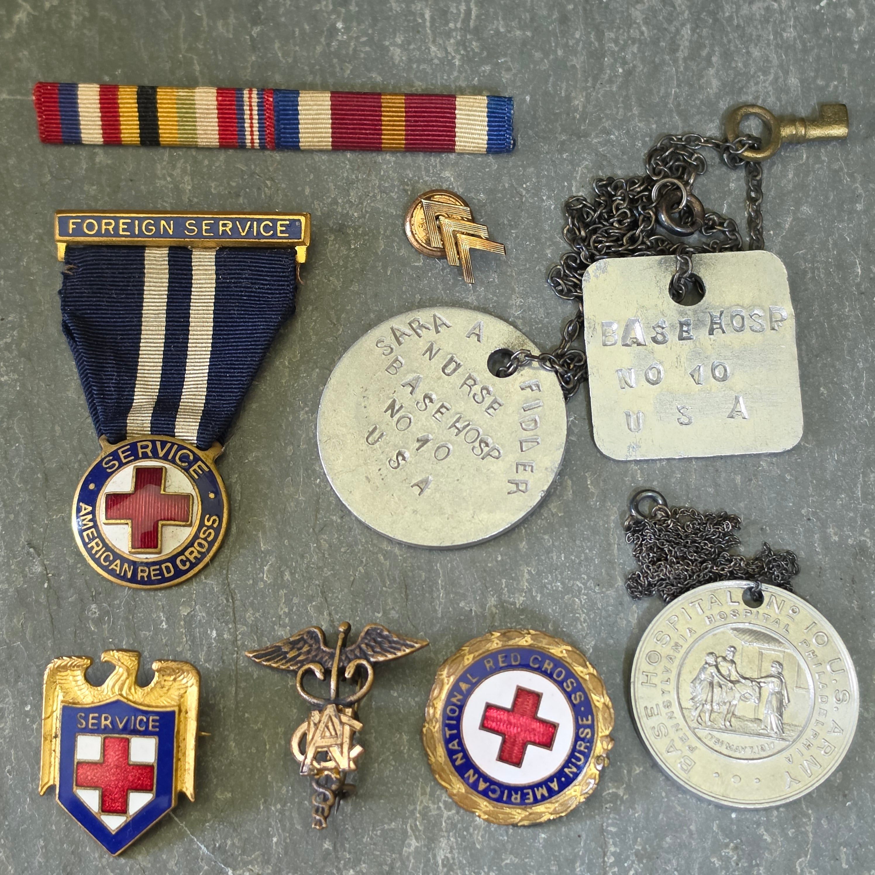 WWI US Army Nurse Corp Base Hospital 10 Dog Tags Medal Pin Lot Sara Fidler