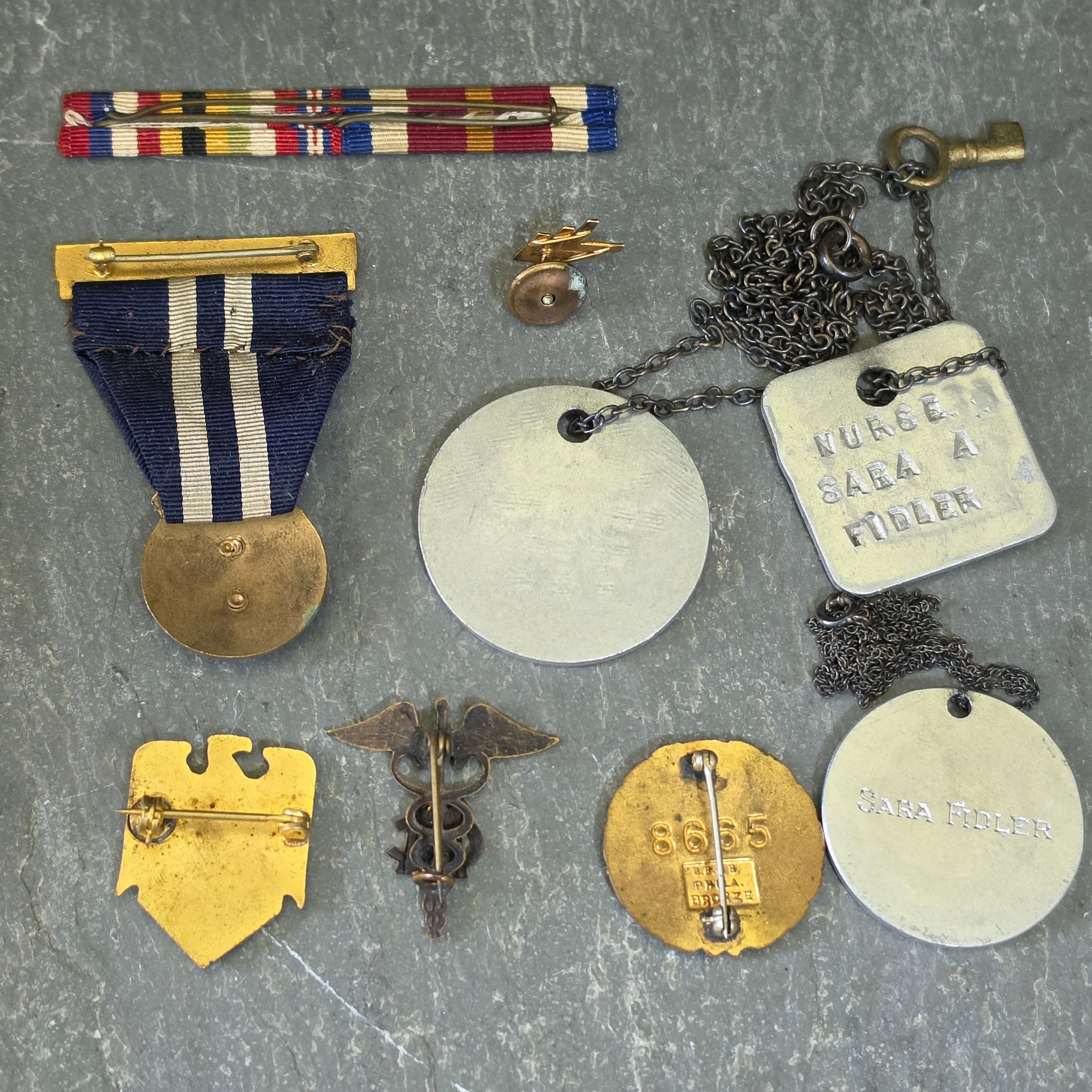 WWI US Army Nurse Corp Base Hospital 10 Dog Tags Medal Pin Lot Sara Fidler