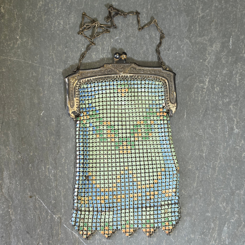Antique Whiting Davis Mesh Purse 1920s Art Deco Painted Flapper Evening Bag