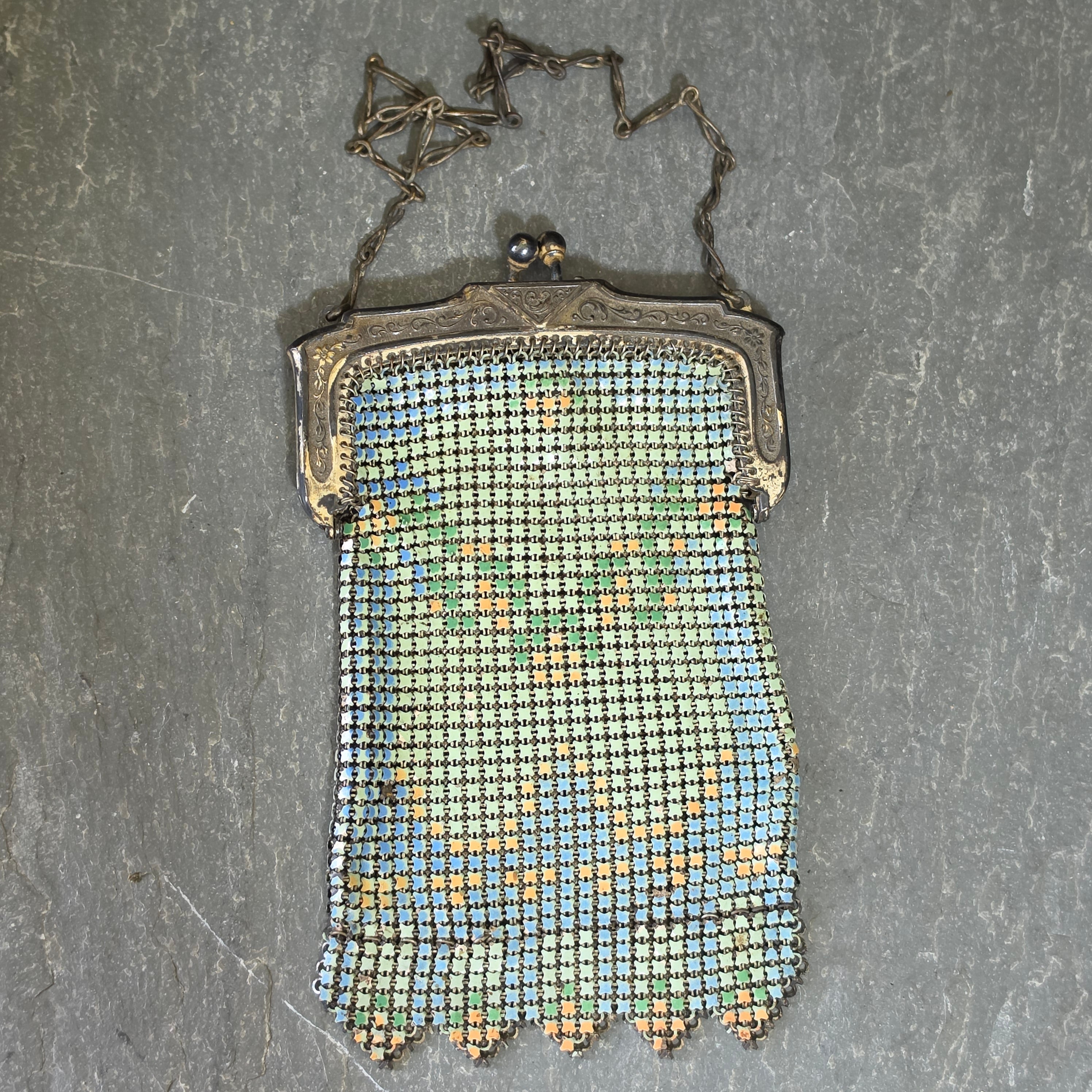 Antique Whiting Davis Mesh Purse 1920s Art Deco Painted Flapper Evening Bag