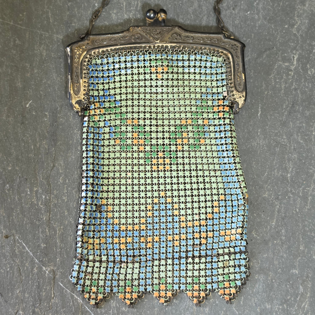 Antique Whiting Davis Mesh Purse 1920s Art Deco Painted Flapper Evening Bag