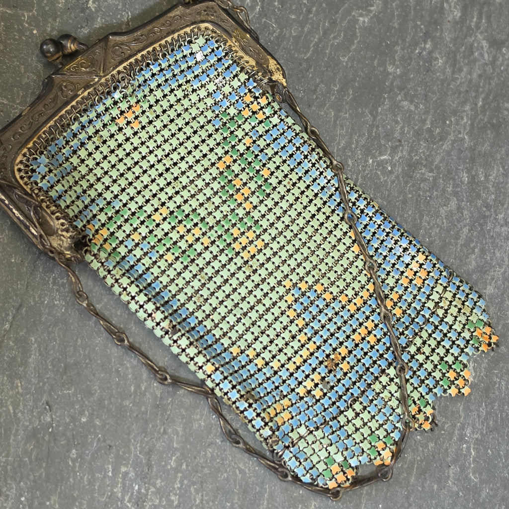 Antique Whiting Davis Mesh Purse 1920s Art Deco Painted Flapper Evening Bag
