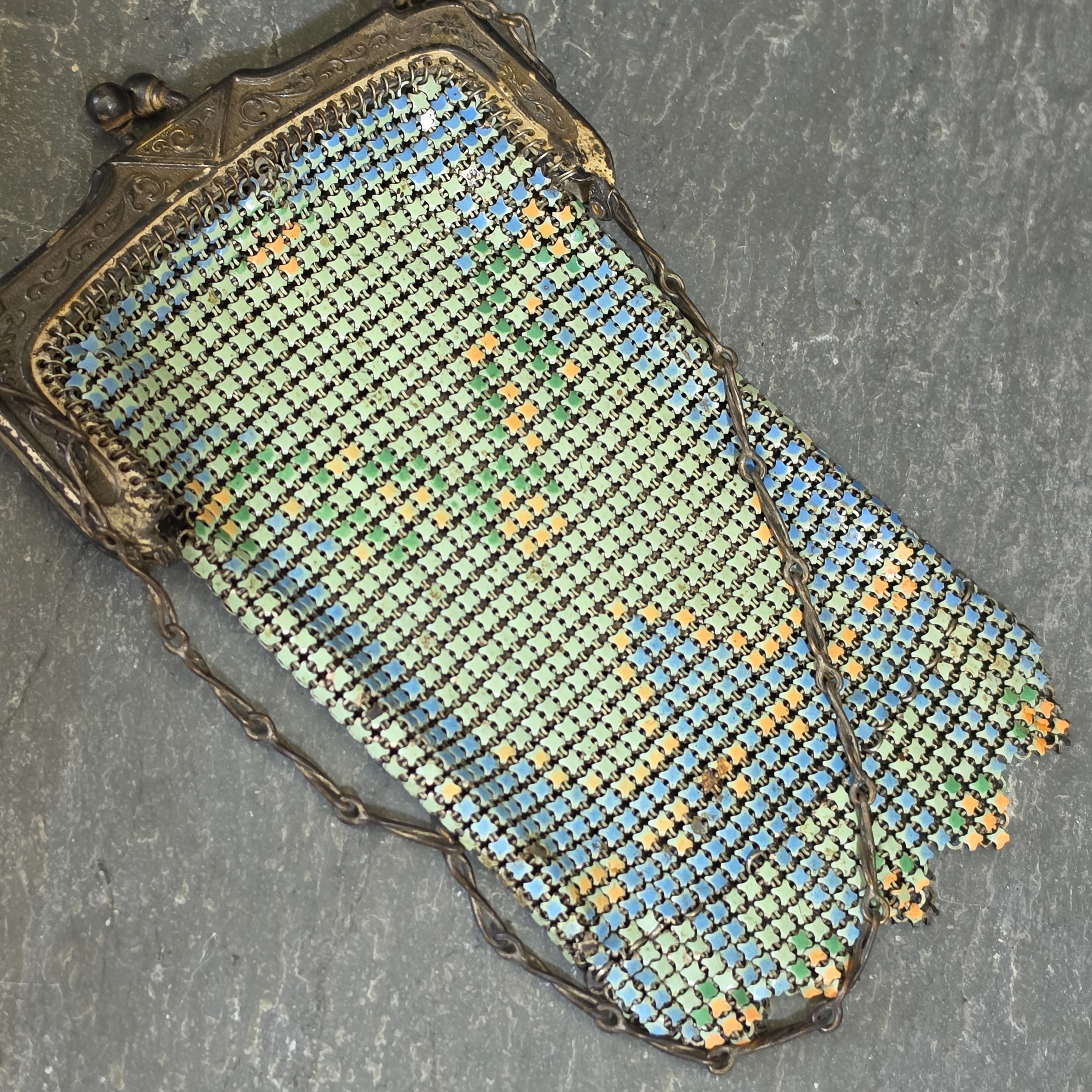 Antique Whiting Davis Mesh Purse 1920s Art Deco Painted Flapper Evening Bag