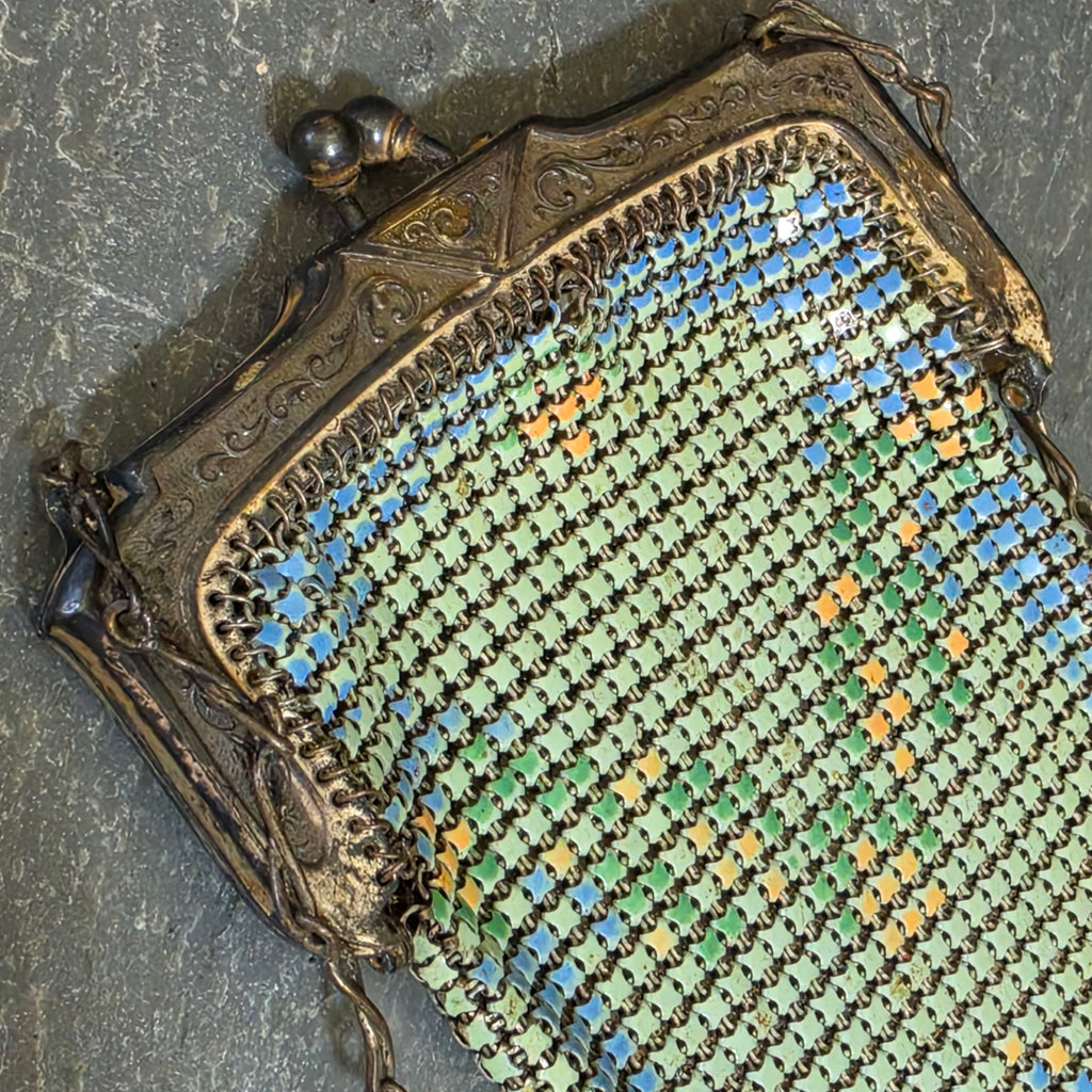Antique Whiting Davis Mesh Purse 1920s Art Deco Painted Flapper Evening Bag