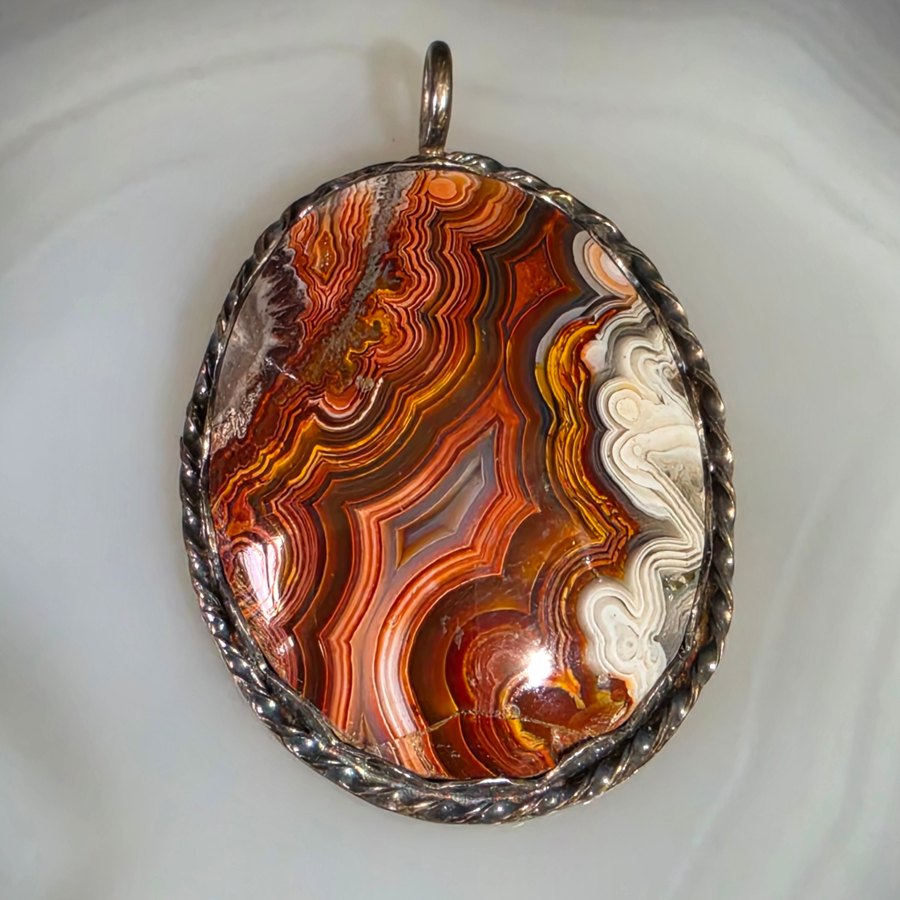 Vintage Sterling Silver Mexican Crazy Lace Agate Pendant Oval Rope Border Marked