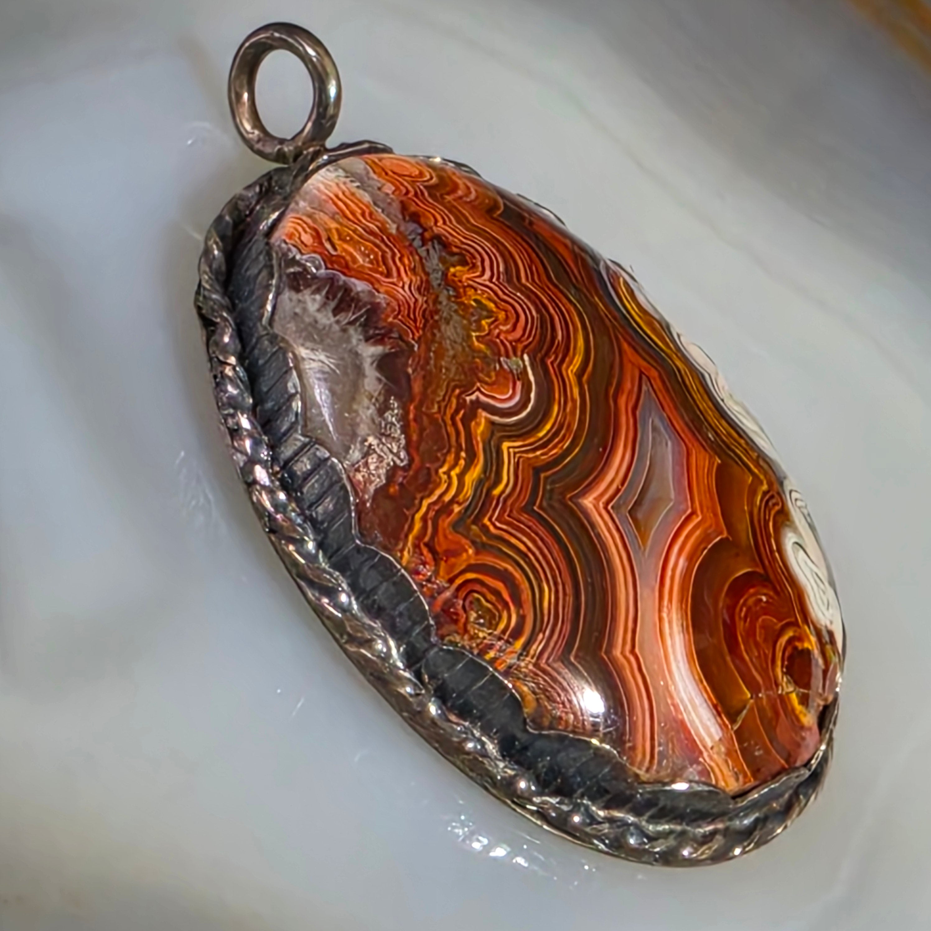 Vintage Sterling Silver Mexican Crazy Lace Agate Pendant Oval Rope Border Marked