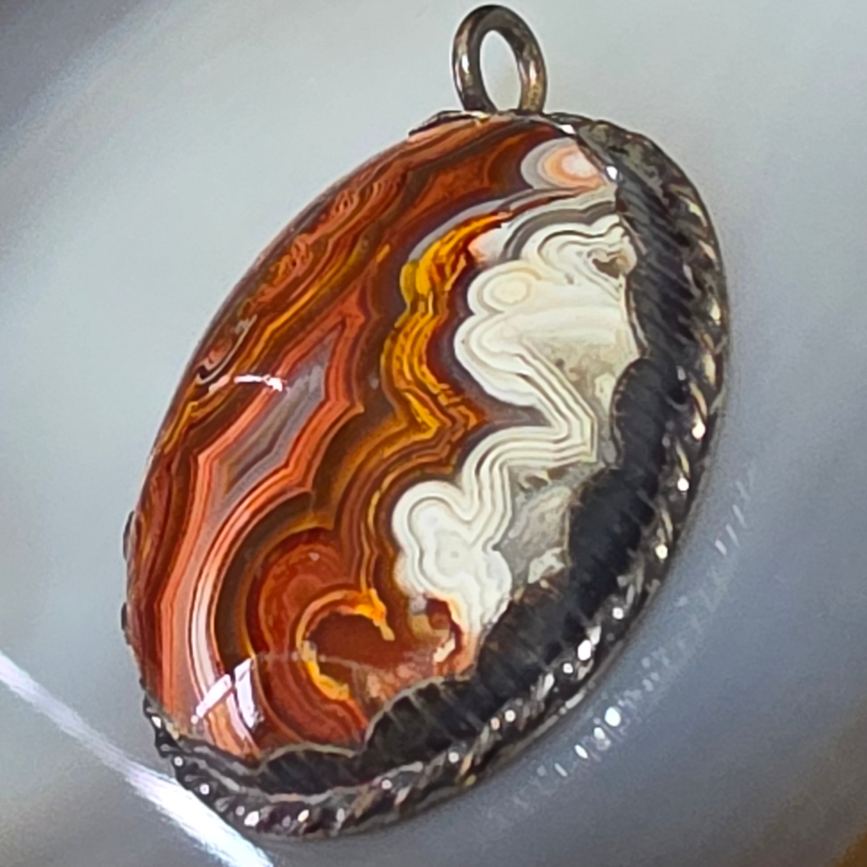 Vintage Sterling Silver Mexican Crazy Lace Agate Pendant Oval Rope Border Marked