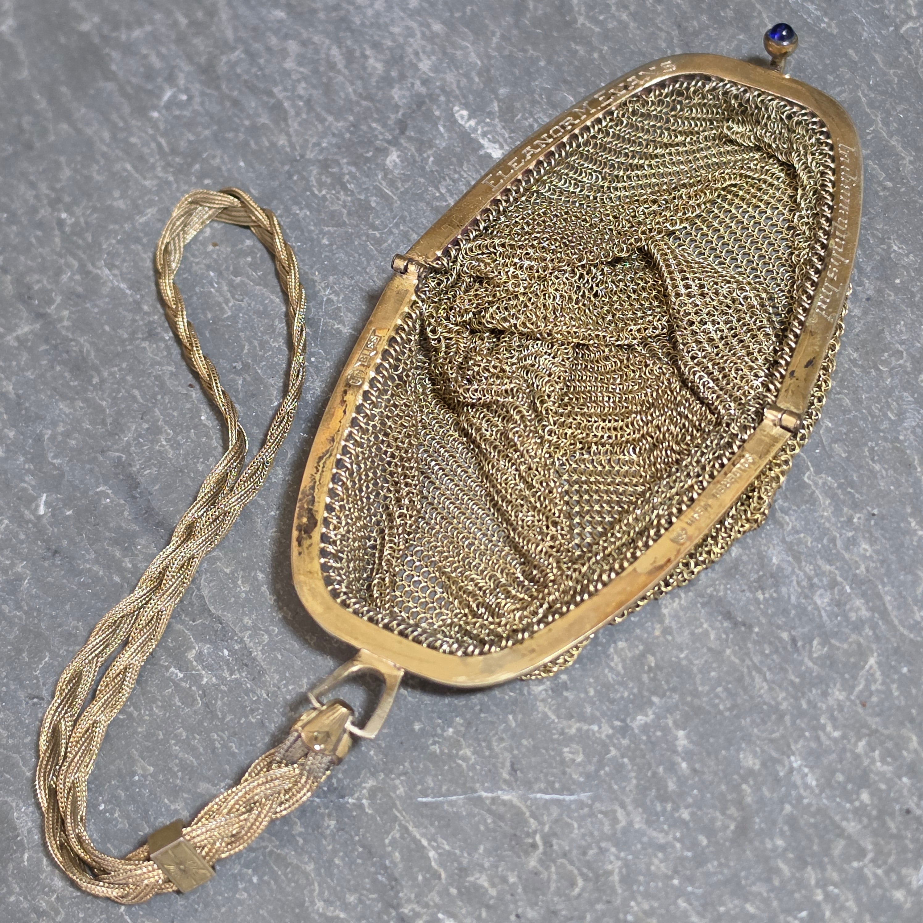 Antique EA Bliss Mesh Dance Purse Gold Filled Cobalt Cabochon Snap Flapper Bag