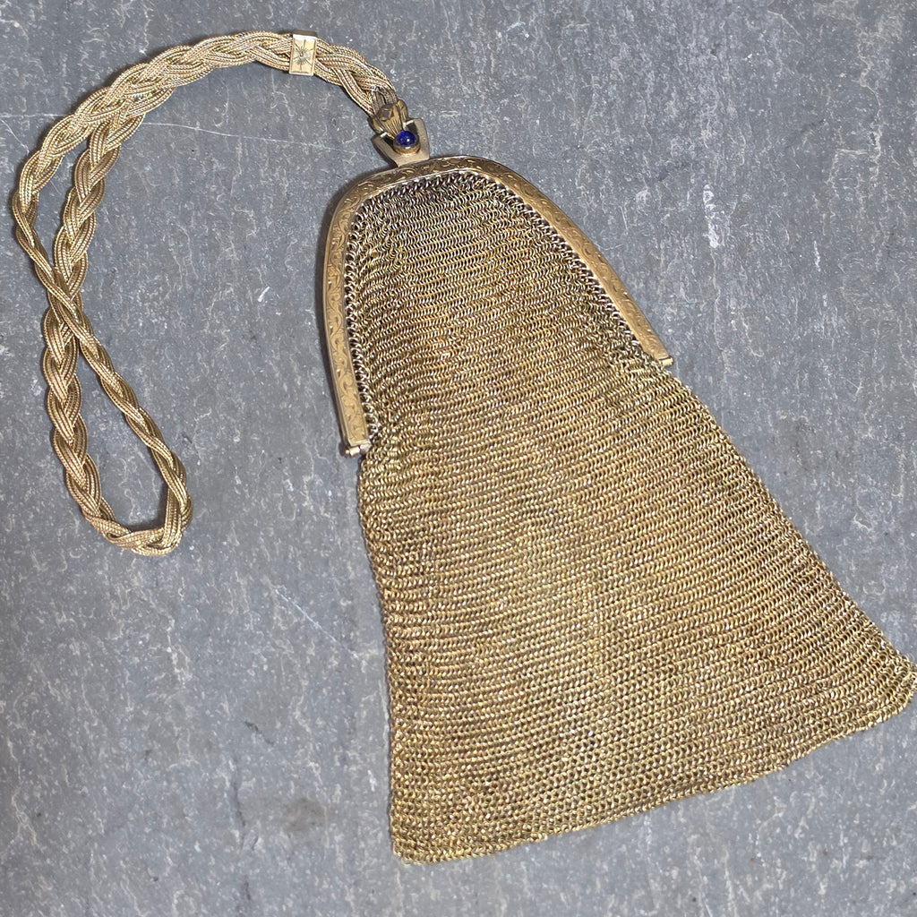 Antique EA Bliss Mesh Dance Purse Gold Filled Cobalt Cabochon Snap Flapper Bag