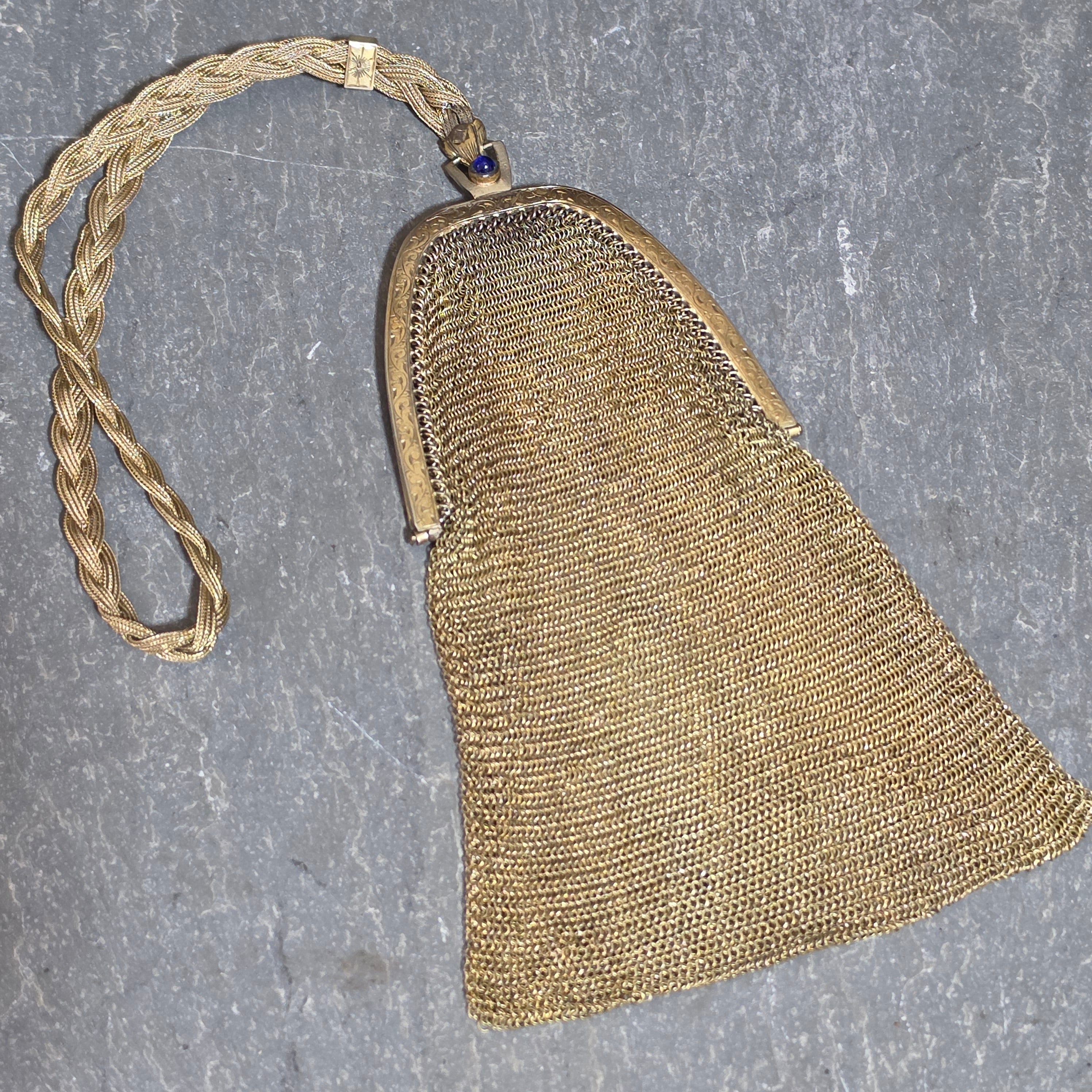 Antique EA Bliss Mesh Dance Purse Gold Filled Cobalt Cabochon Snap Flapper Bag