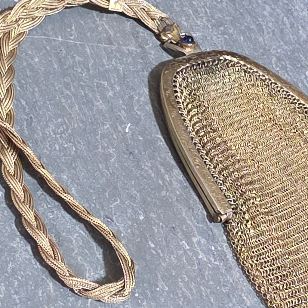 Antique EA Bliss Mesh Dance Purse Gold Filled Cobalt Cabochon Snap Flapper Bag