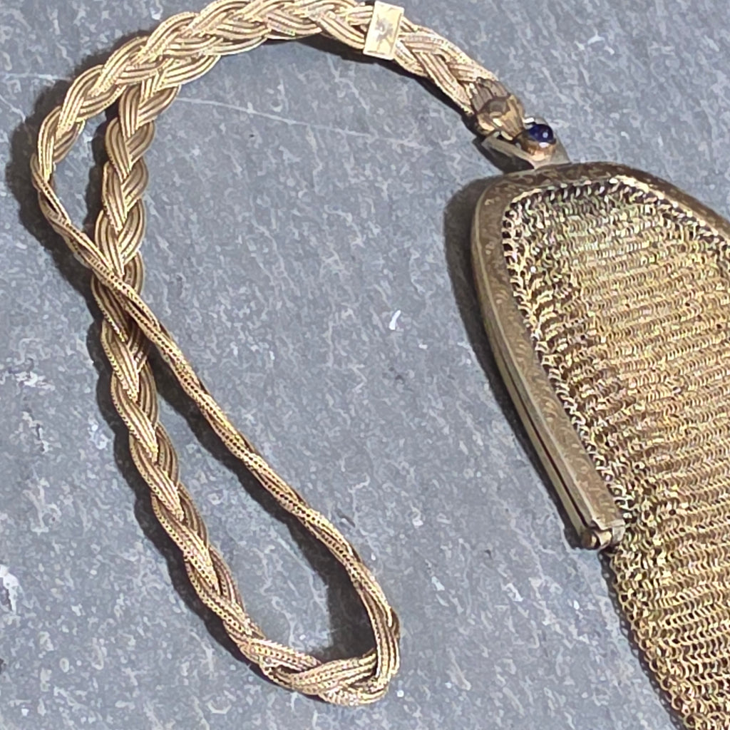 Antique EA Bliss Mesh Dance Purse Gold Filled Cobalt Cabochon Snap Flapper Bag