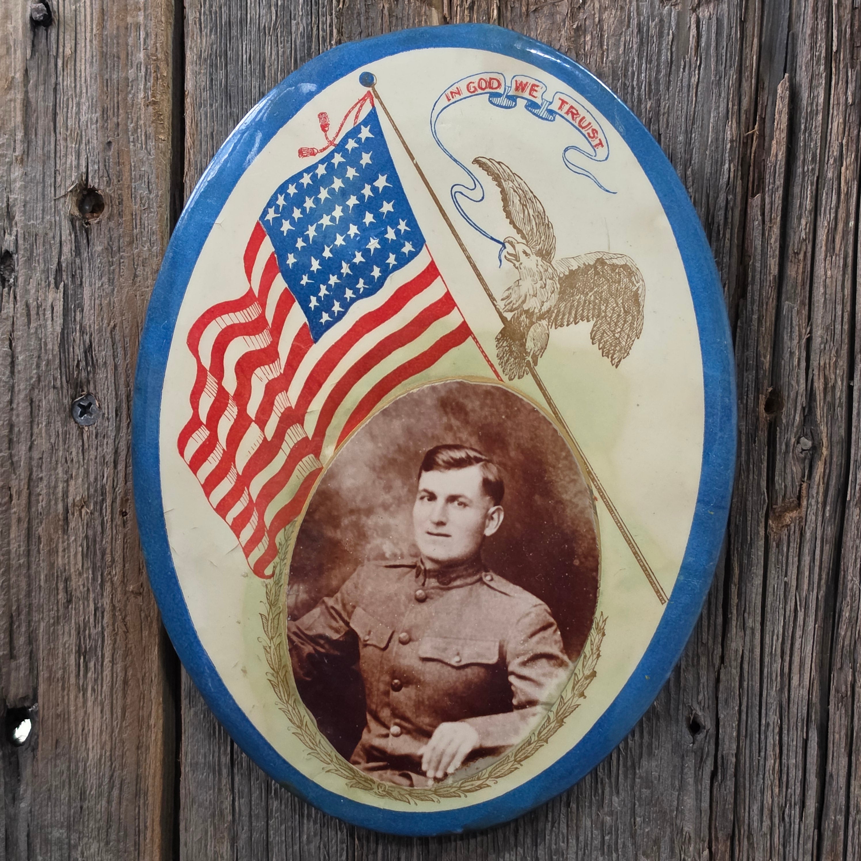 Antique WWI Patriotic Doughboy Soldier Celluloid Photo Plaque Frame Military