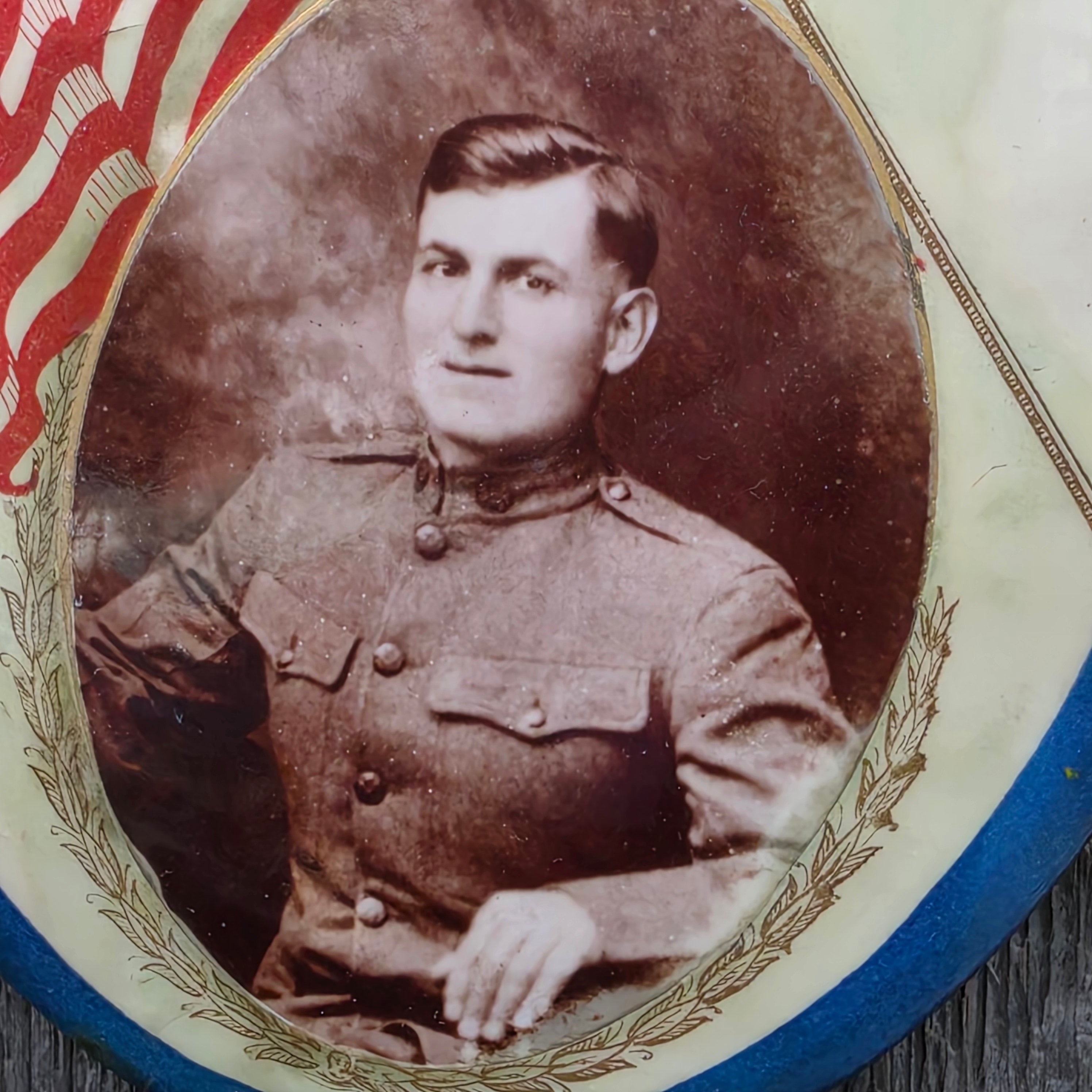 Antique WWI Patriotic Doughboy Soldier Celluloid Photo Plaque Frame Military
