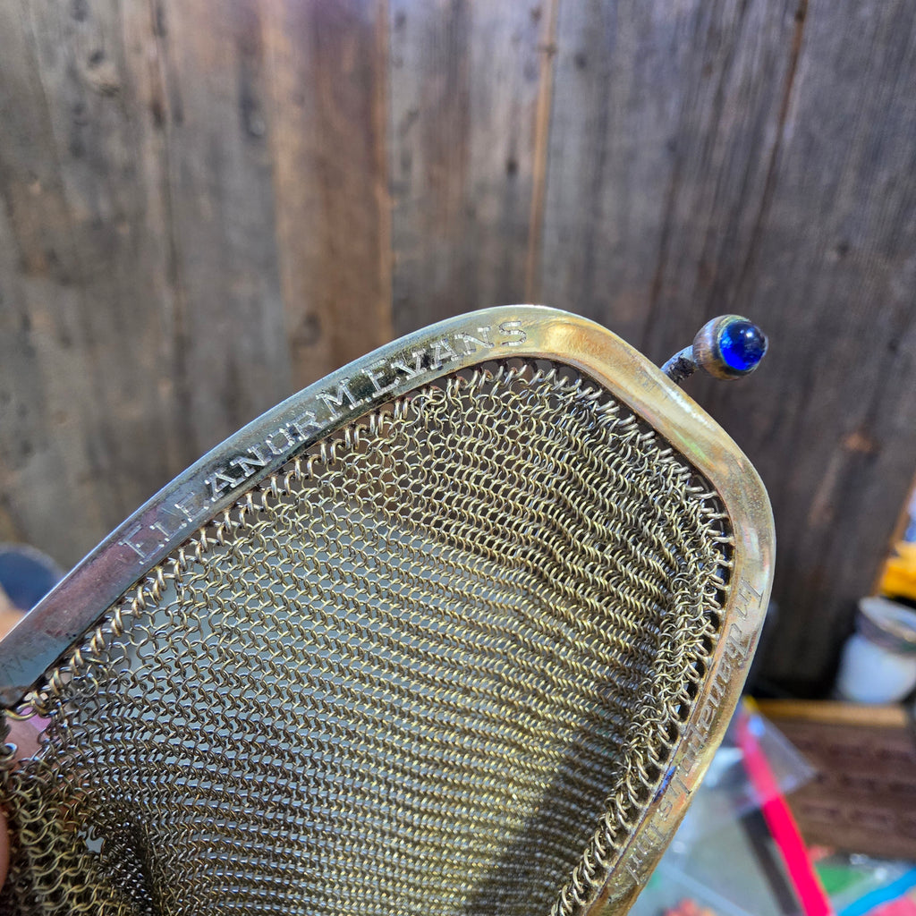 Antique EA Bliss Mesh Dance Purse Gold Filled Cobalt Cabochon Snap Flapper Bag