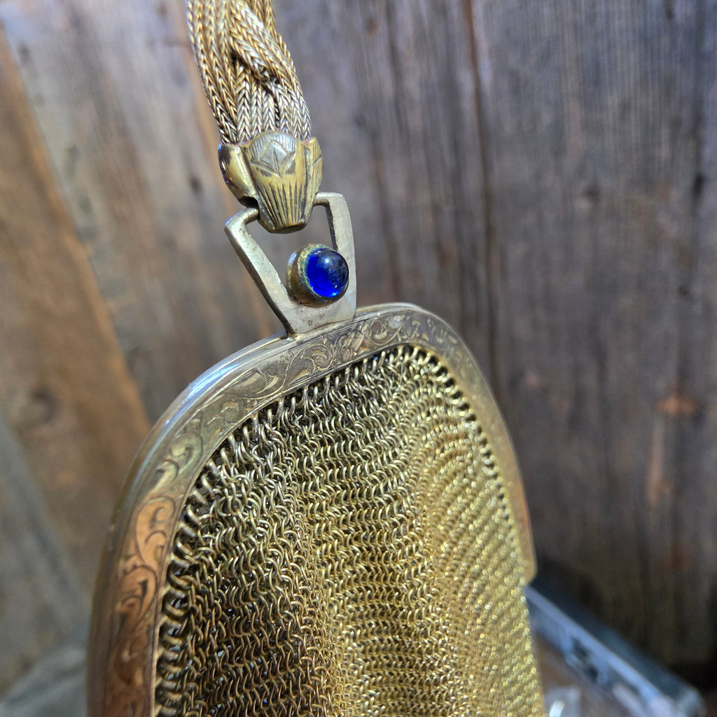 Antique EA Bliss Mesh Dance Purse Gold Filled Cobalt Cabochon Snap Flapper Bag