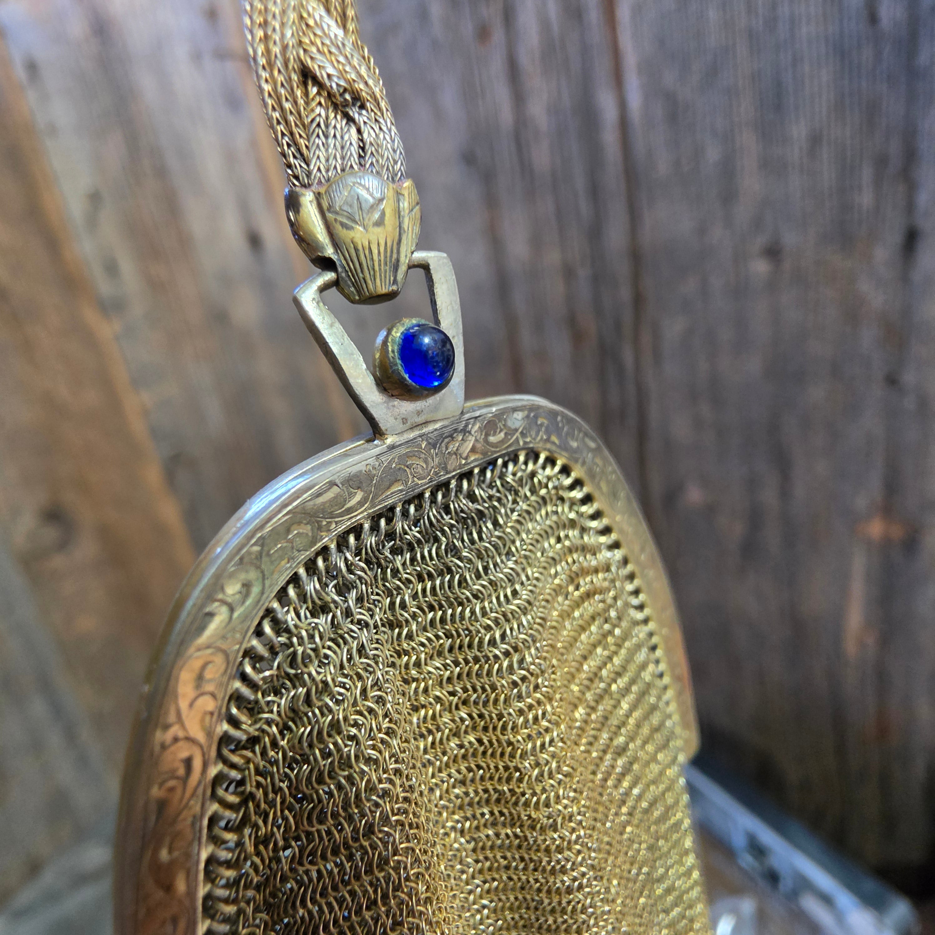 Antique EA Bliss Mesh Dance Purse Gold Filled Cobalt Cabochon Snap Flapper Bag