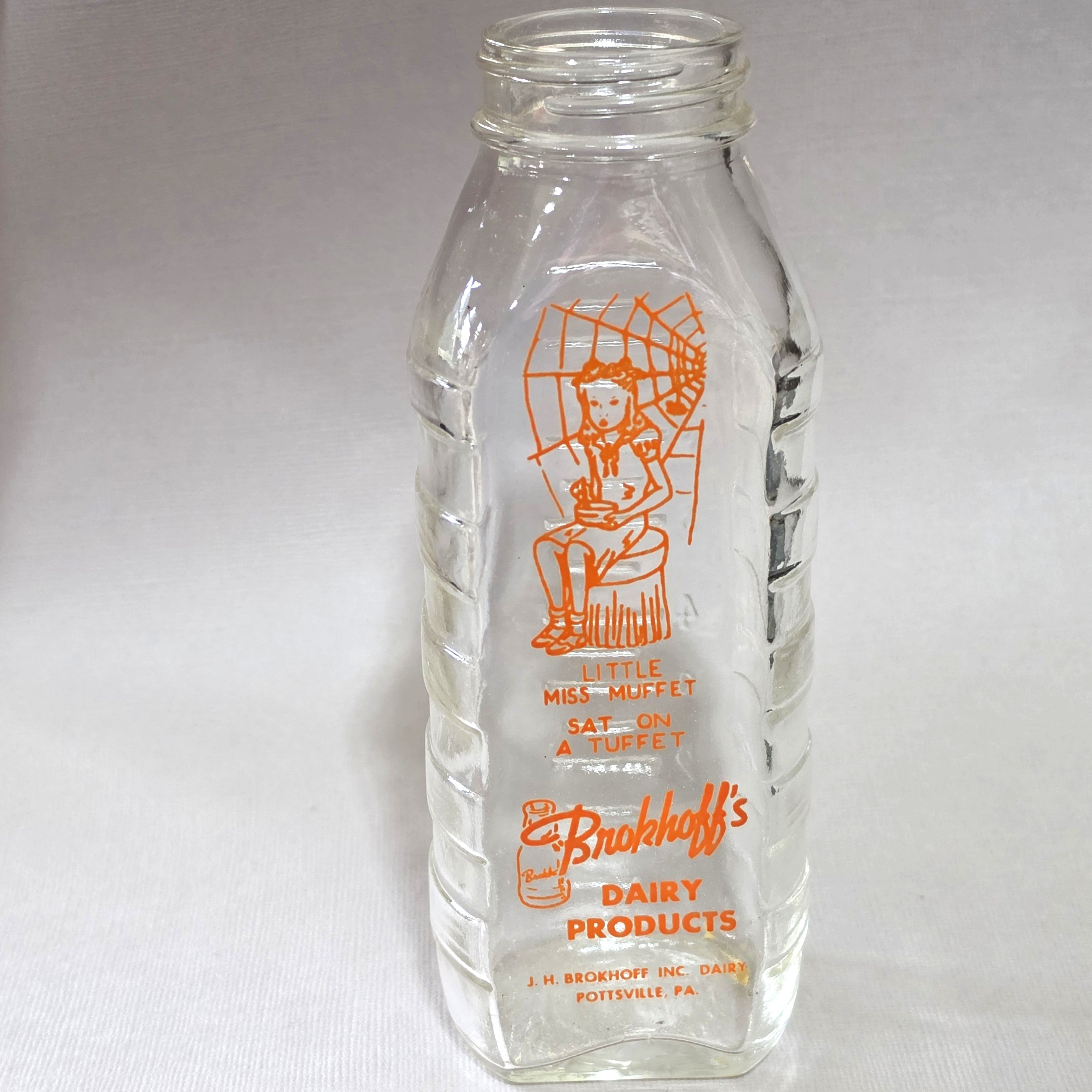 NOS Vintage Samuel Callet Little Miss Muffet Glass Baby Bottle Brokhoff's Dairy
