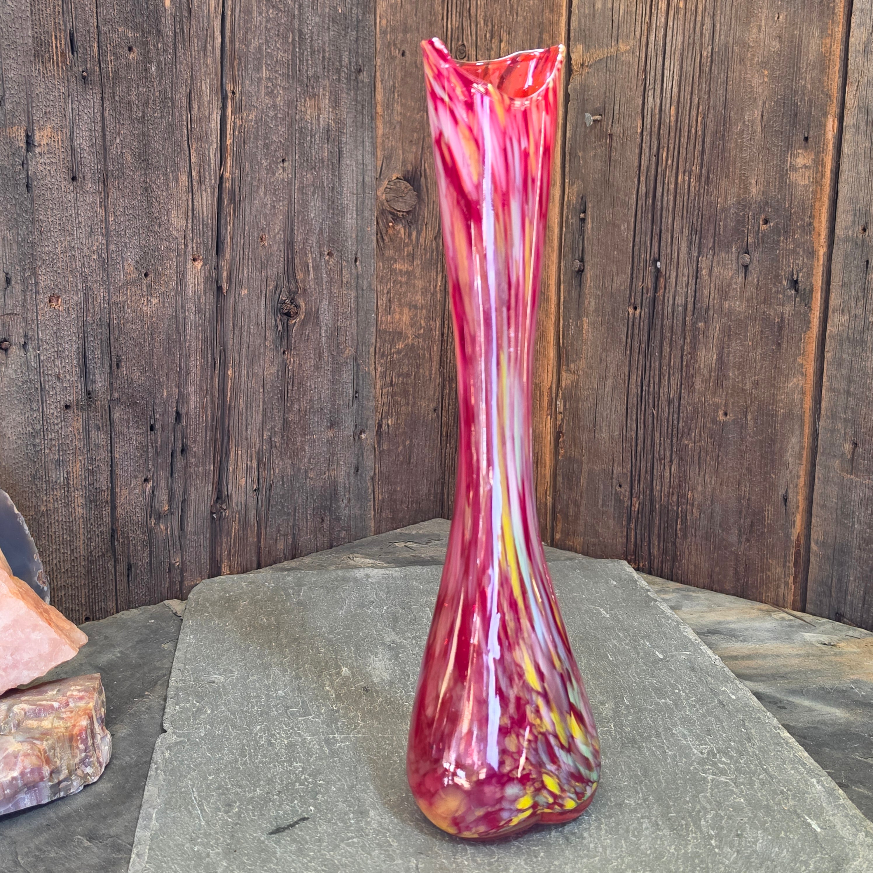 Vintage Fairyland Japan Tall Art Glass Swung Vase Red Confetti Spatter Large
