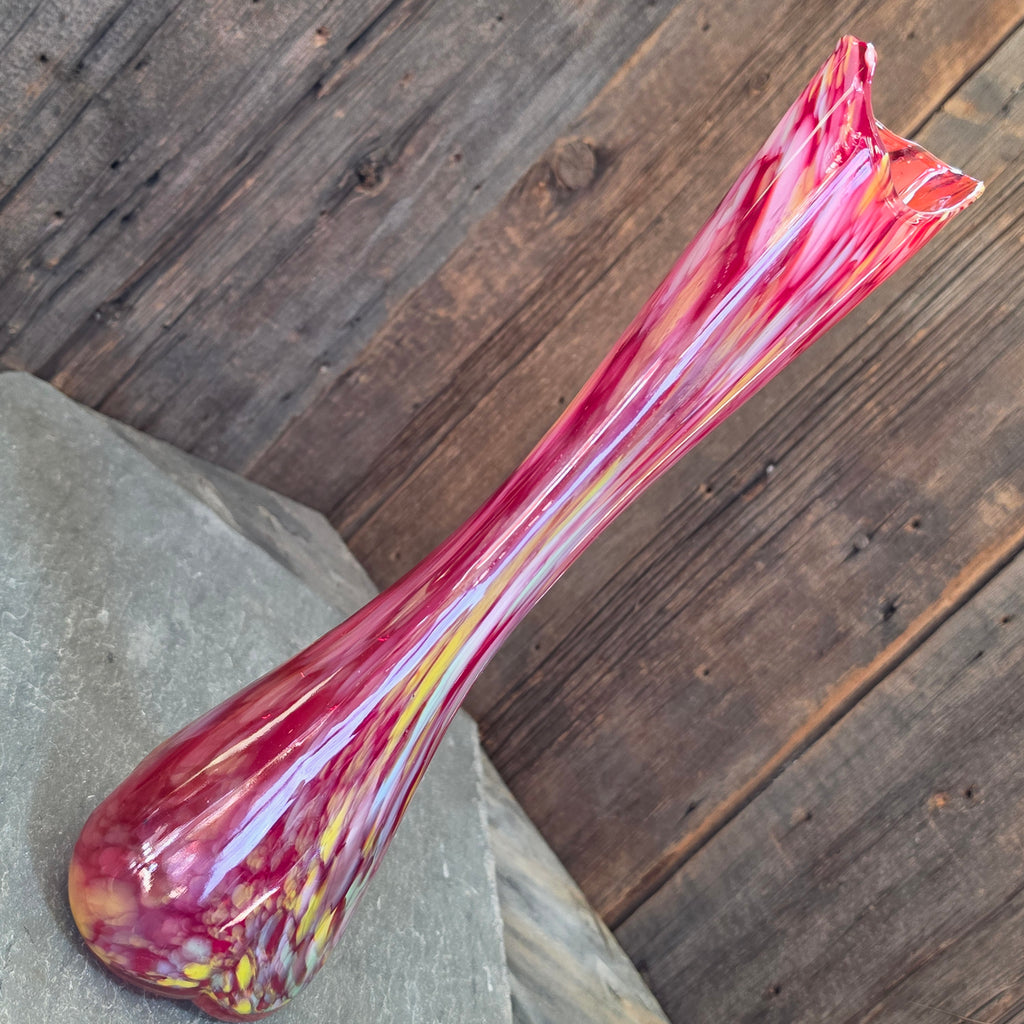 Vintage Fairyland Japan Tall Art Glass Swung Vase Red Confetti Spatter Large