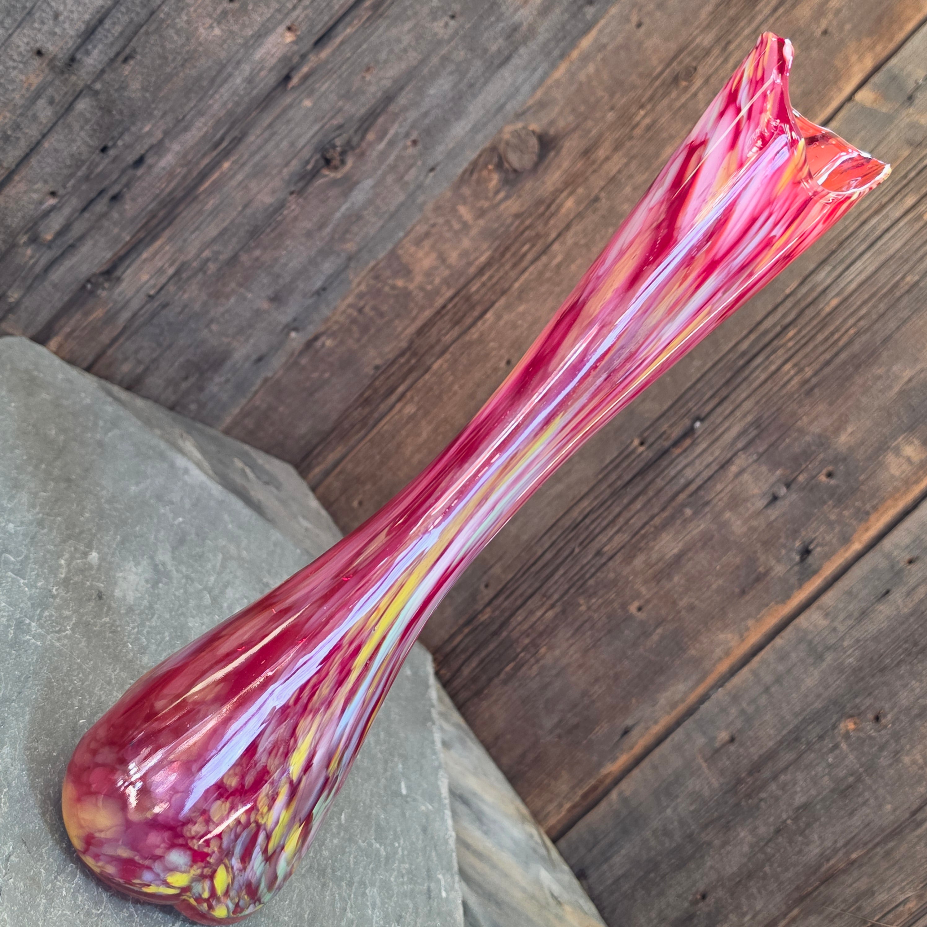 Vintage Fairyland Japan Tall Art Glass Swung Vase Red Confetti Spatter Large
