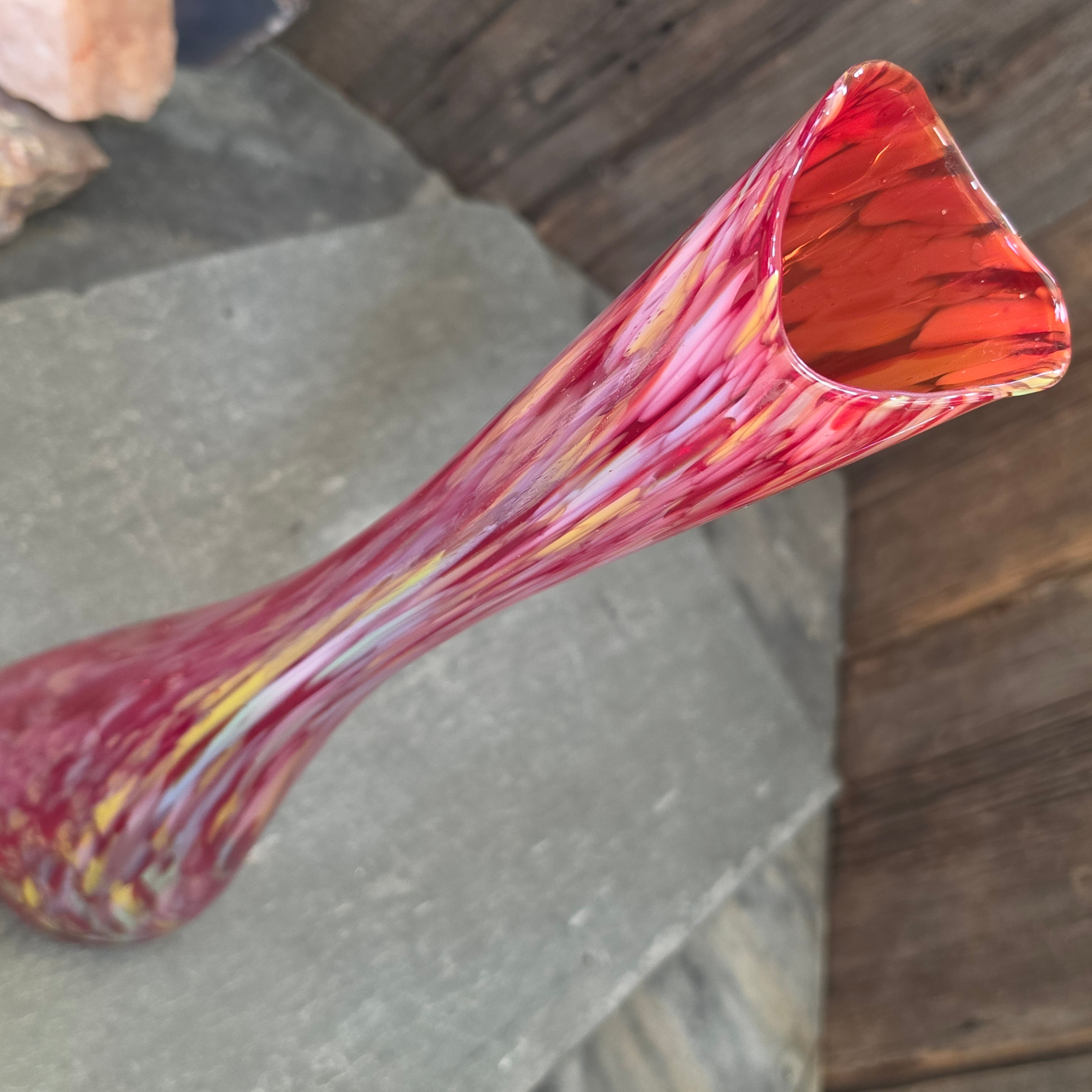 Vintage Fairyland Japan Tall Art Glass Swung Vase Red Confetti Spatter Large