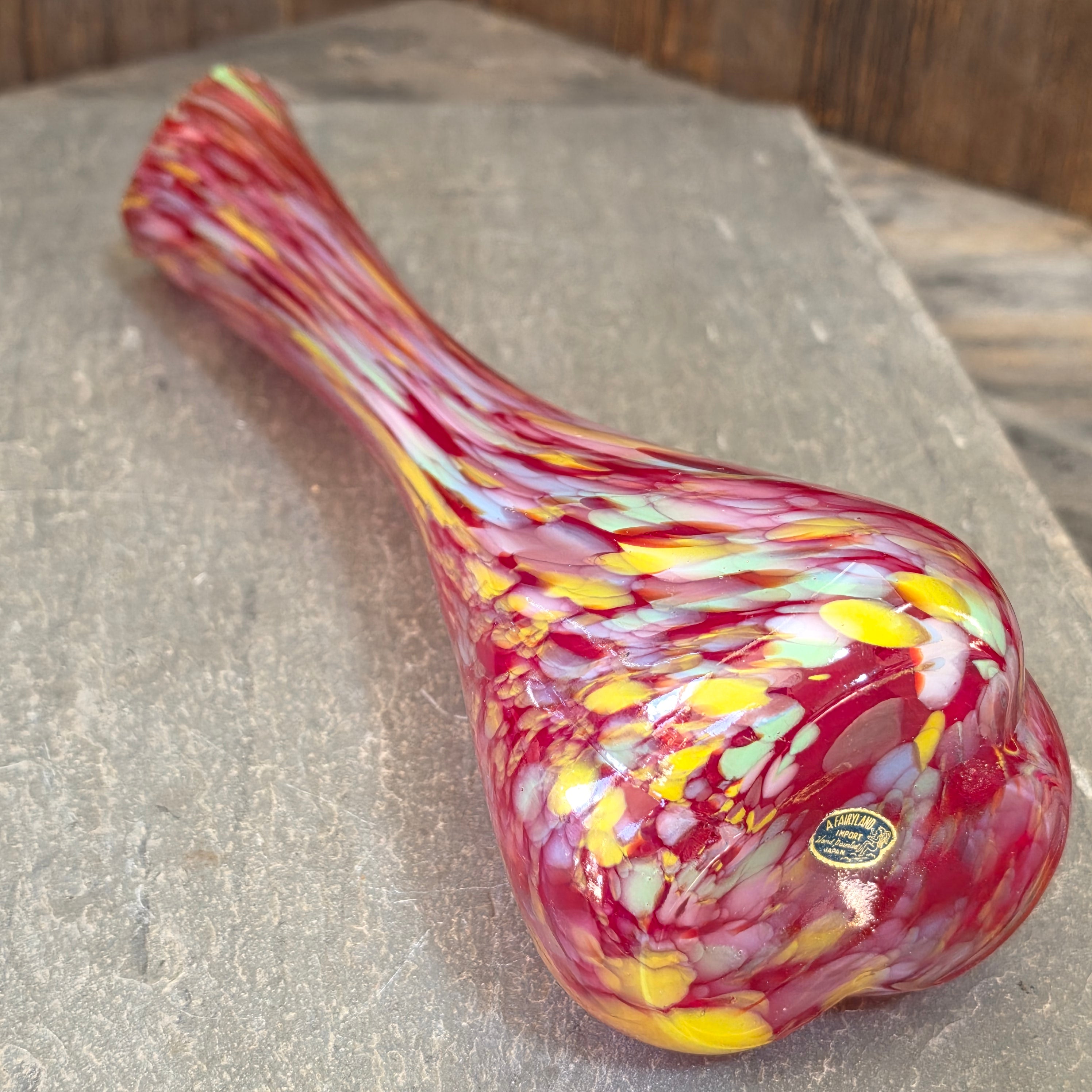 Vintage Fairyland Japan Tall Art Glass Swung Vase Red Confetti Spatter Large