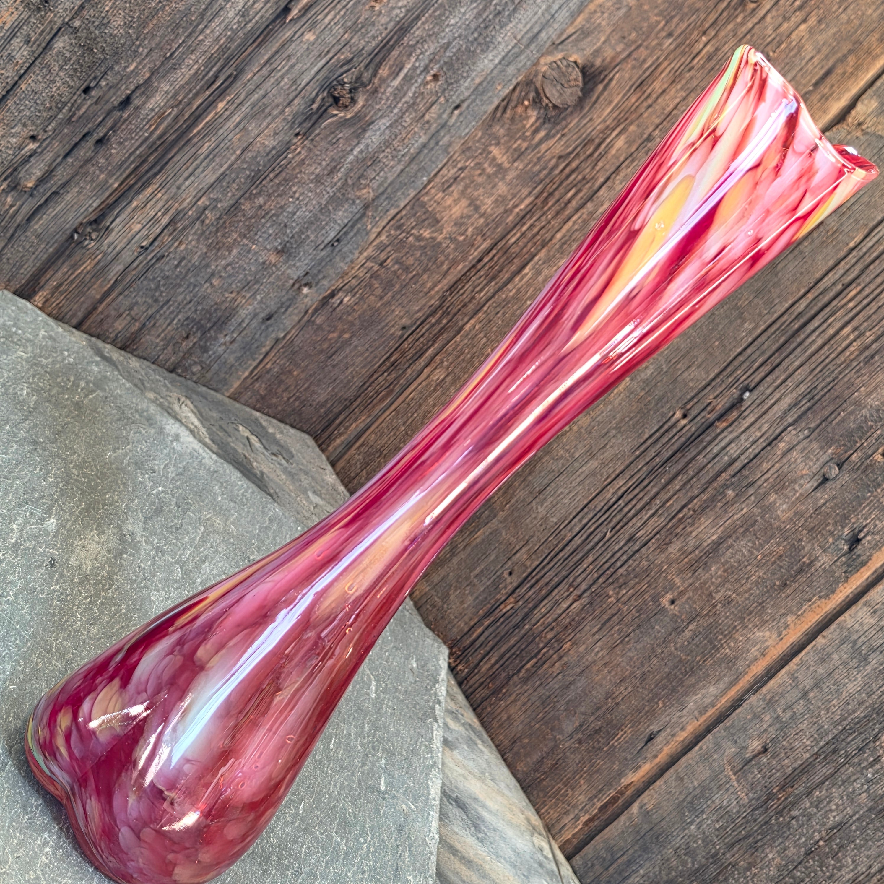 Vintage Fairyland Japan Tall Art Glass Swung Vase Red Confetti Spatter Large