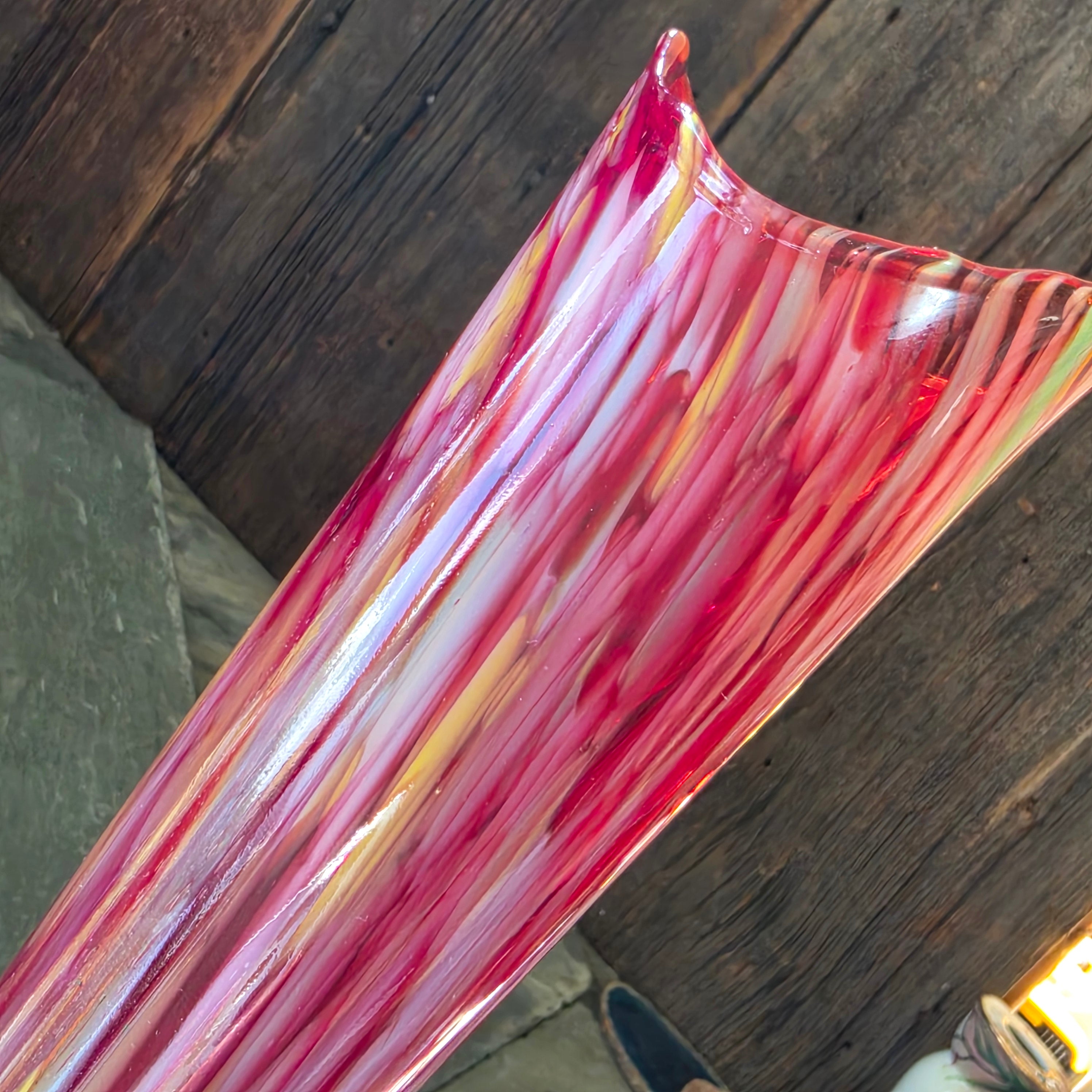 Vintage Fairyland Japan Tall Art Glass Swung Vase Red Confetti Spatter Large