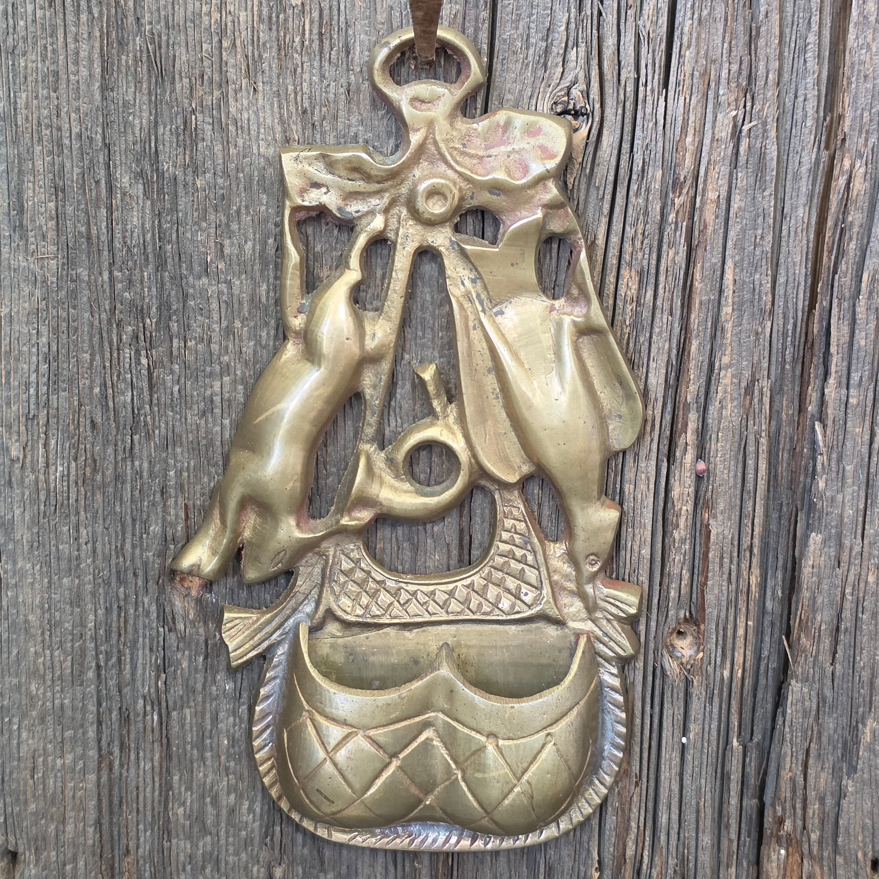 Antique Brass Hanging Match Holder Dual Well Safe Game Bag Hunting Rabbit Bird