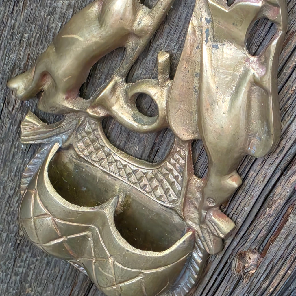 Antique Brass Hanging Match Holder Dual Well Safe Game Bag Hunting Rabbit Bird