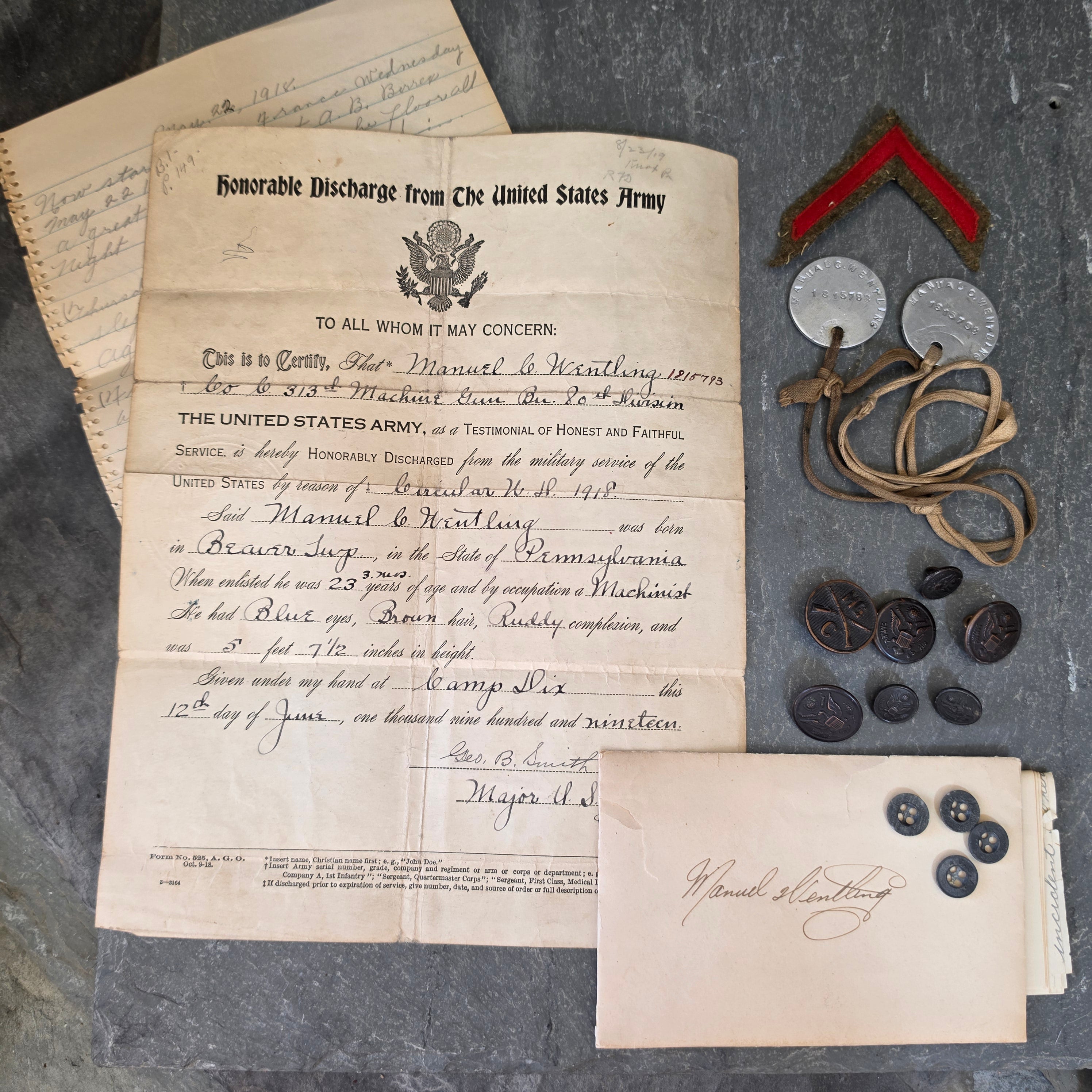 WWI 313th Machine Gun Bn 80th Div Soldier Grouping Dog Tags Discharge Letters