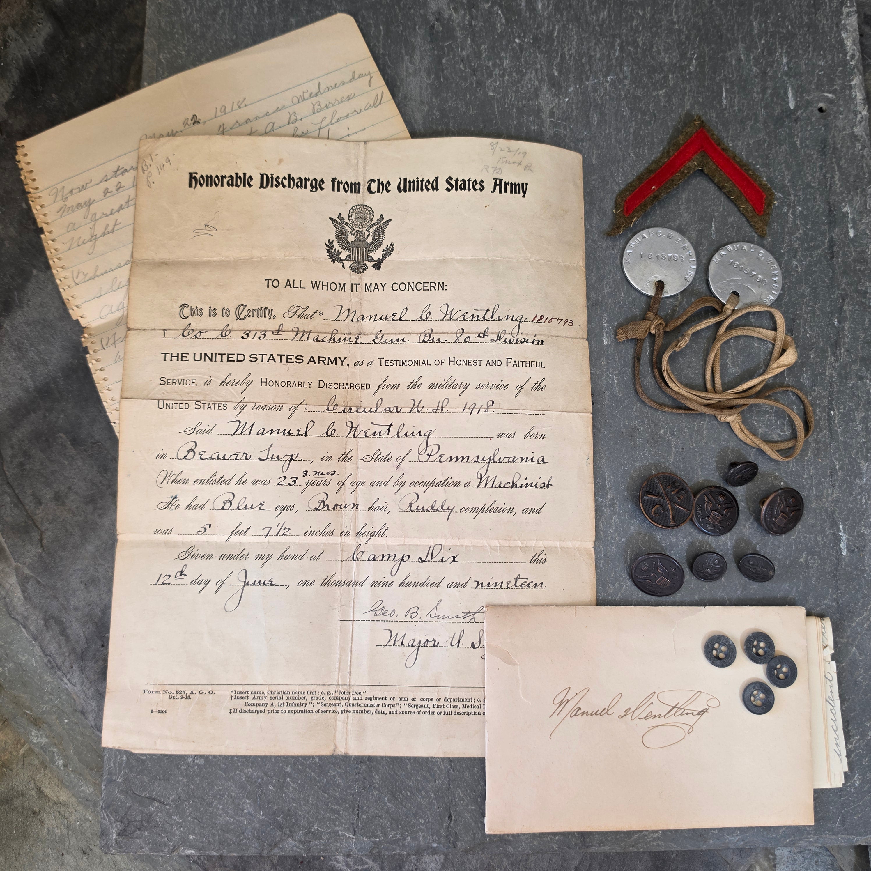 WWI 313th Machine Gun Bn 80th Div Soldier Grouping Dog Tags Discharge Letters