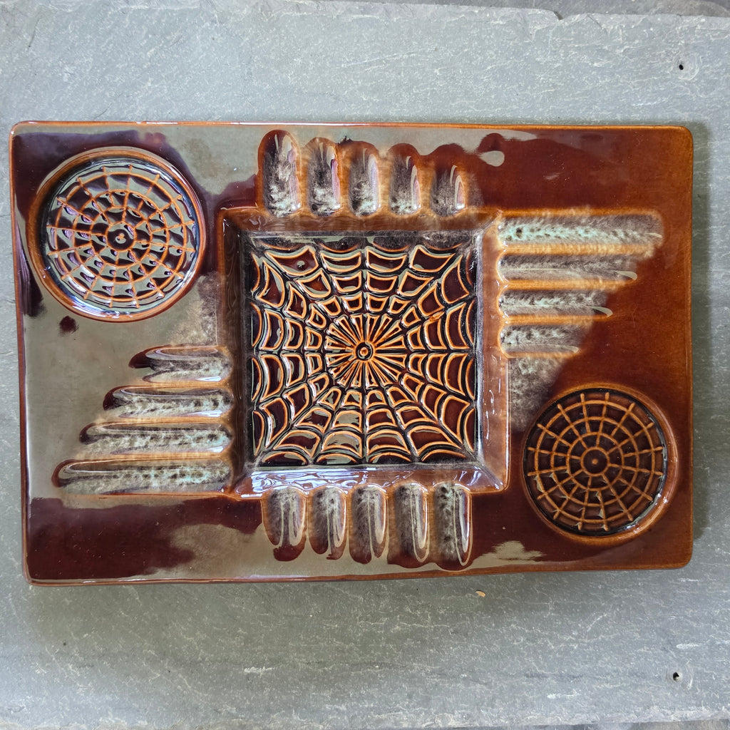 Vintage Spiderweb Ceramic Ashtray MCM Abstract Drip Glaze Mid Century Modern USA