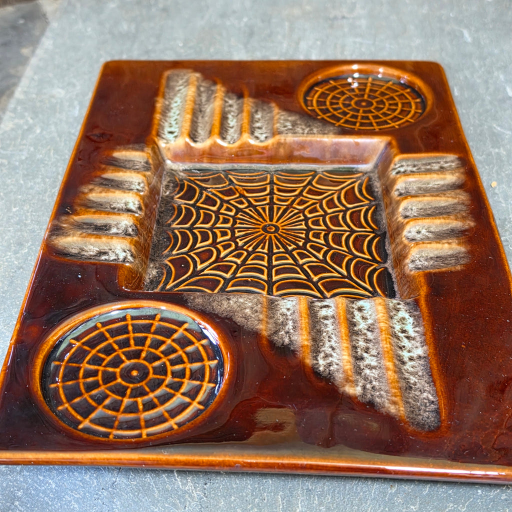 Vintage Spiderweb Ceramic Ashtray MCM Abstract Drip Glaze Mid Century Modern USA