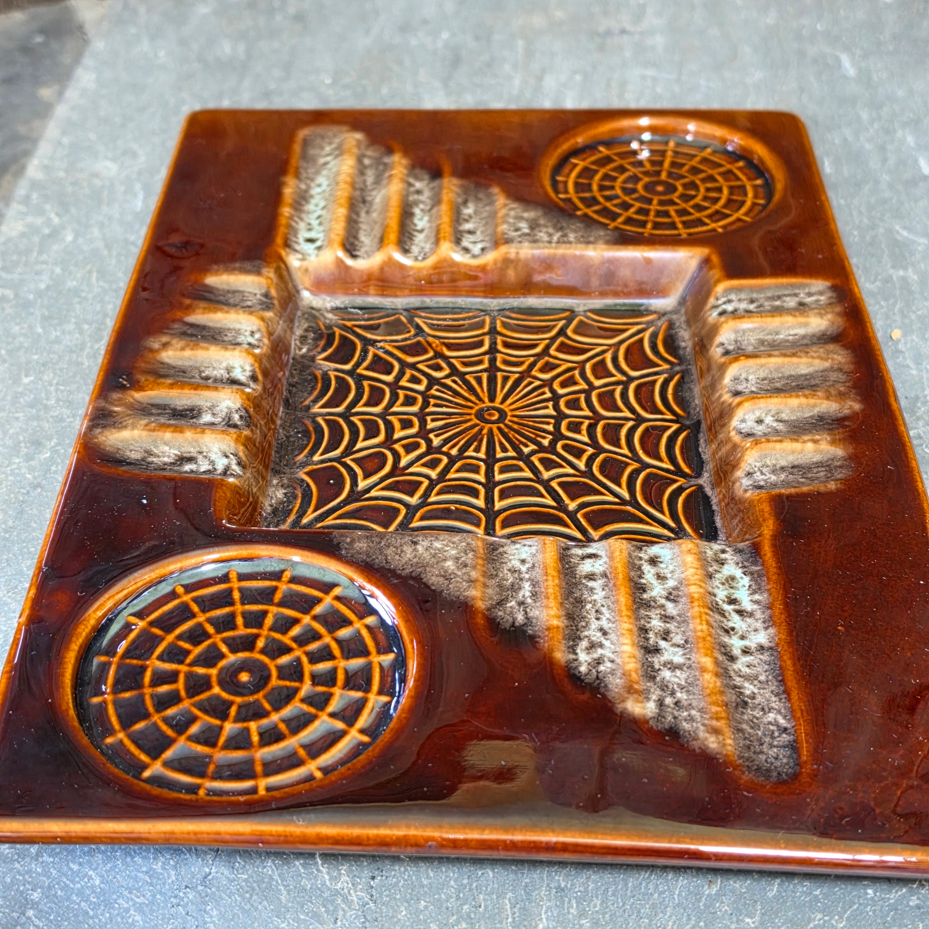 Vintage Spiderweb Ceramic Ashtray MCM Abstract Drip Glaze Mid Century Modern USA