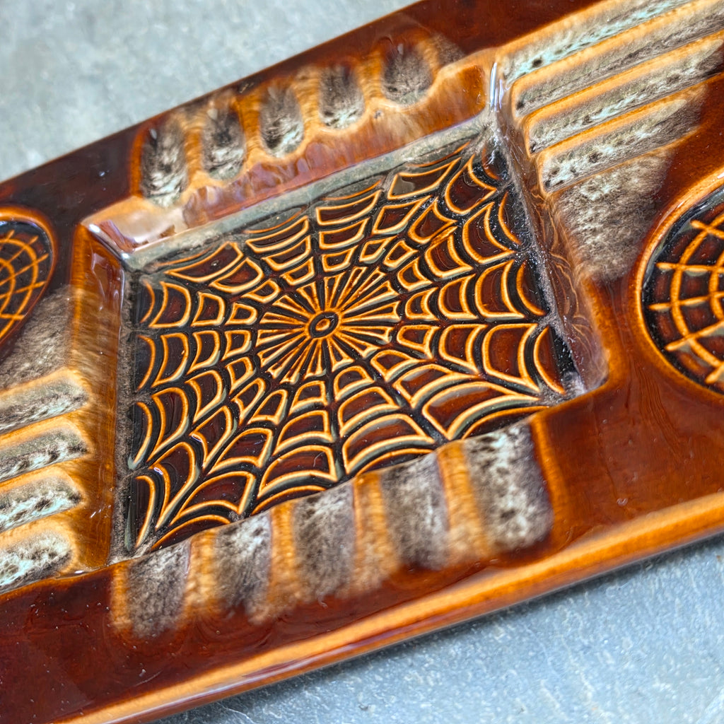 Vintage Spiderweb Ceramic Ashtray MCM Abstract Drip Glaze Mid Century Modern USA