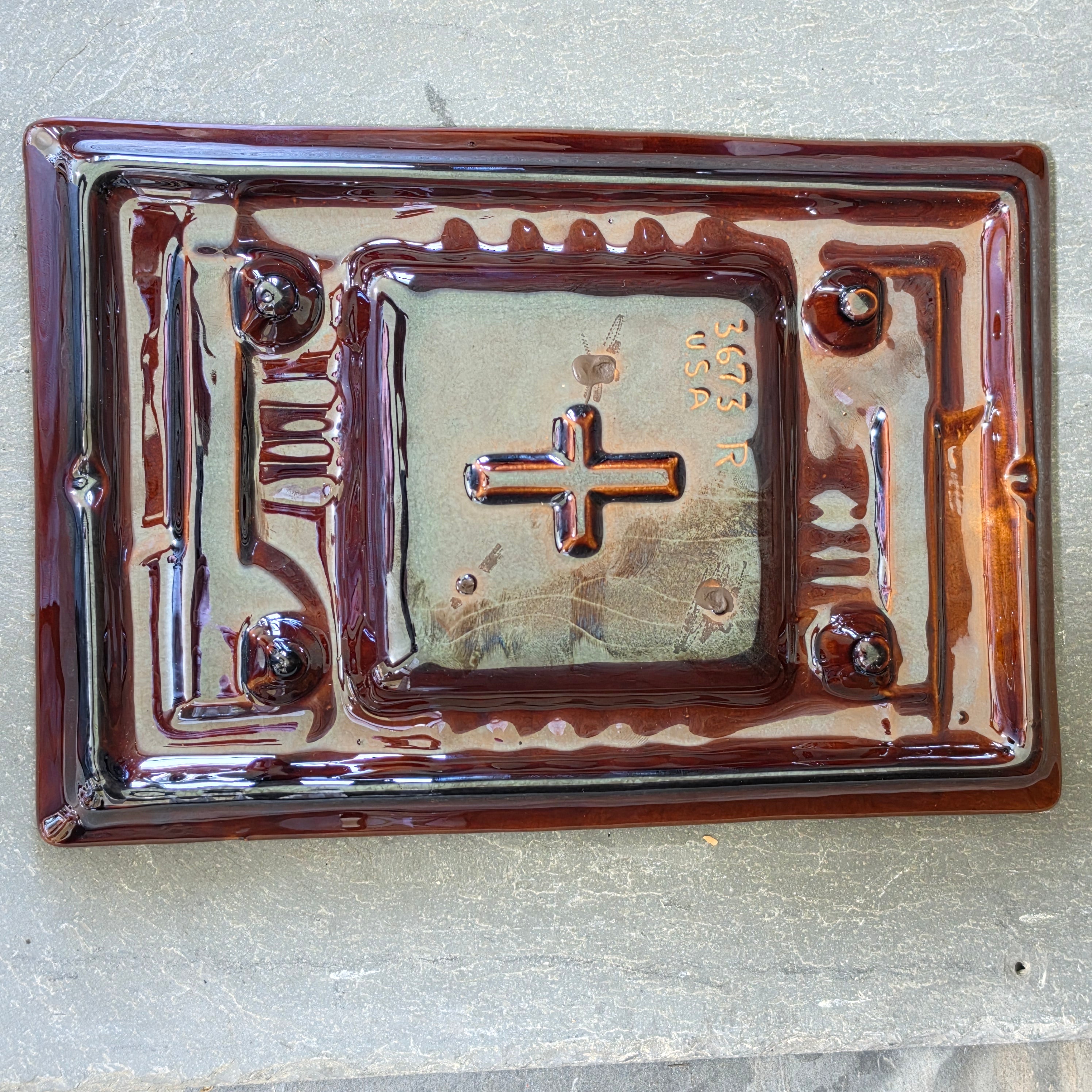 Vintage Spiderweb Ceramic Ashtray MCM Abstract Drip Glaze Mid Century Modern USA
