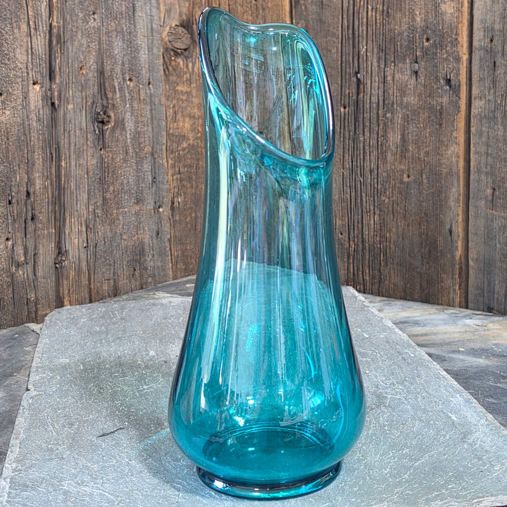 Vintage Teal Glass Vase Asymmetrical Swung Mid-Century Modern Peacock Blue MCM