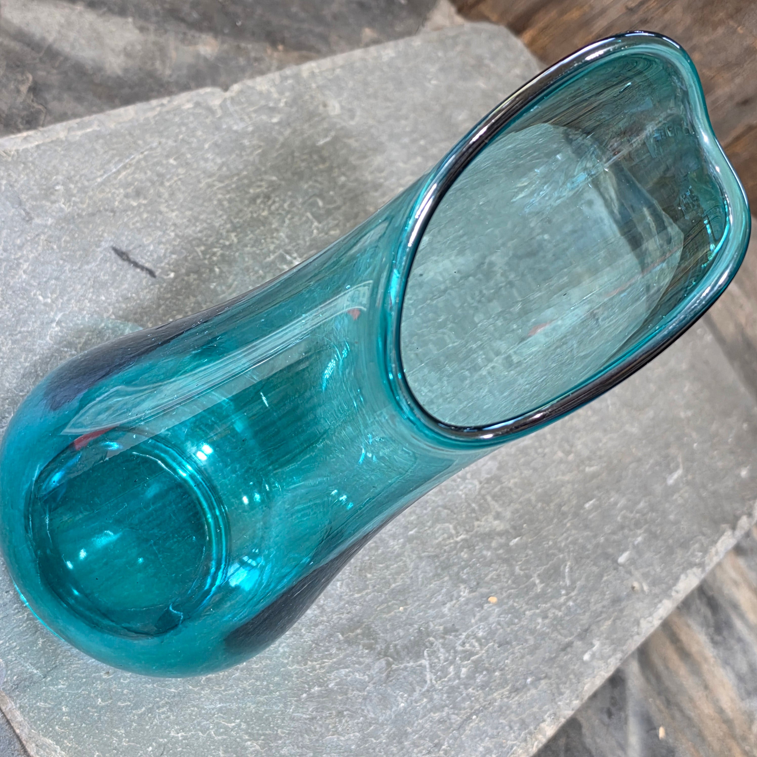Vintage Teal Glass Vase Asymmetrical Swung Mid-Century Modern Peacock Blue MCM