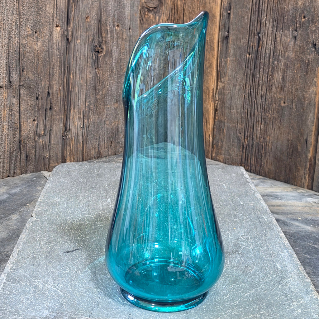 Vintage Teal Glass Vase Asymmetrical Swung Mid-Century Modern Peacock Blue MCM