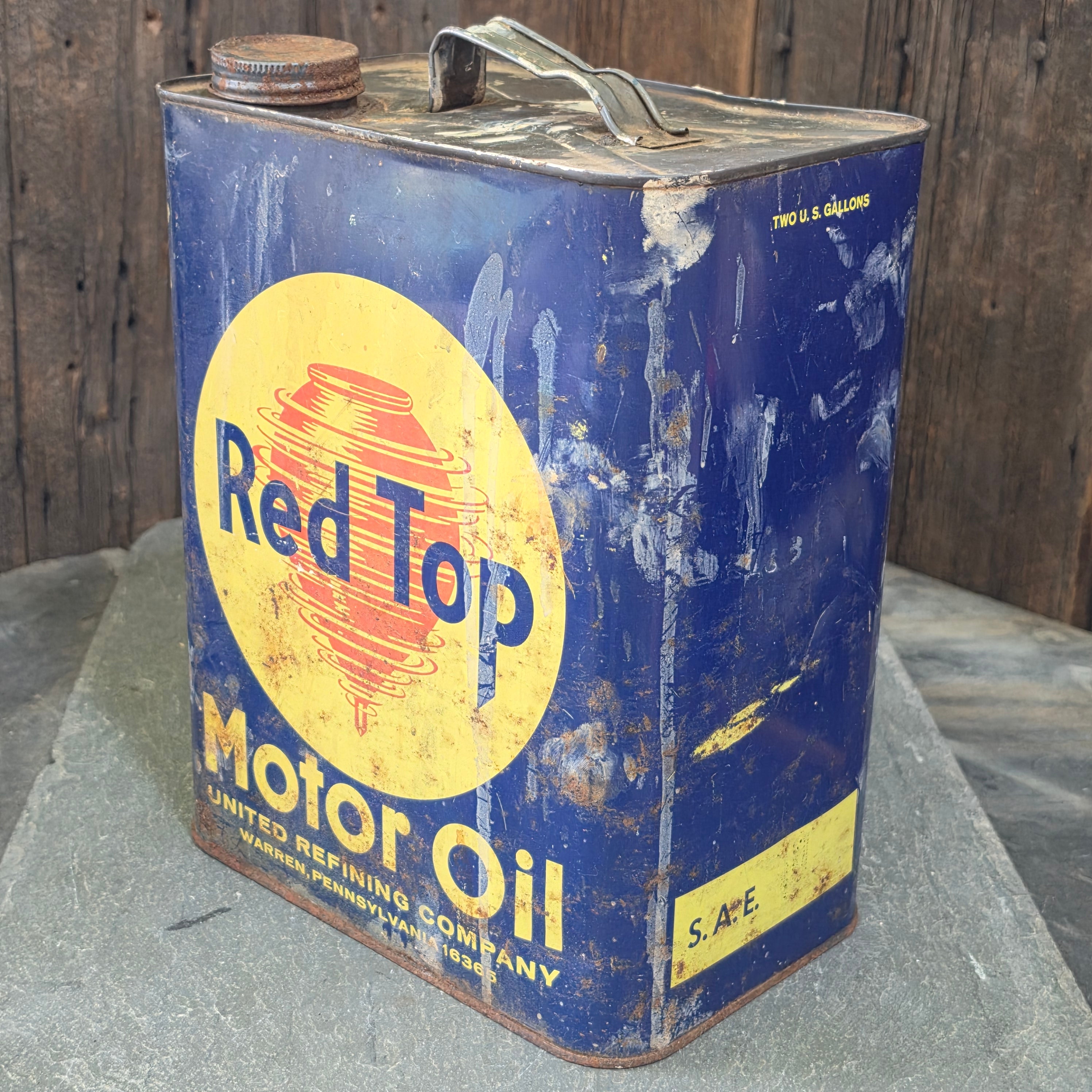 Red Top Motor Oil Vintage 2 Gallon Tin Can United Refining Company Warren, PA