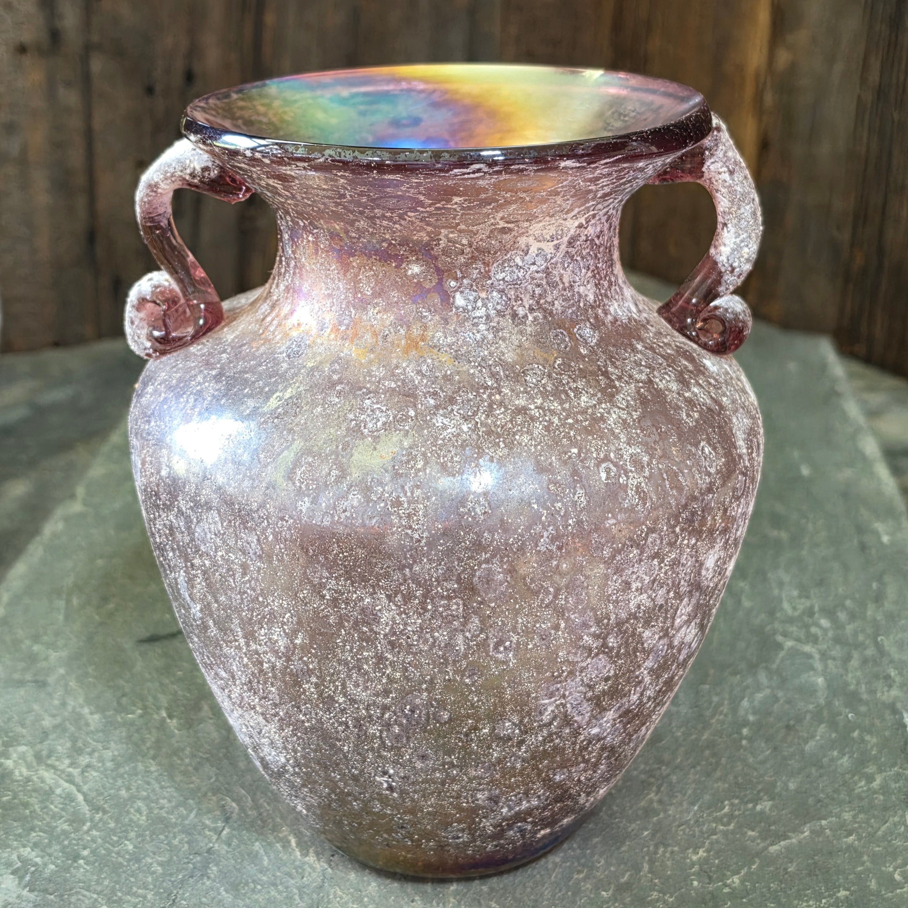 Vintage Murano Pink Scavo Glass Vase Seguso Italy Iridescent Amphora 8” Handled