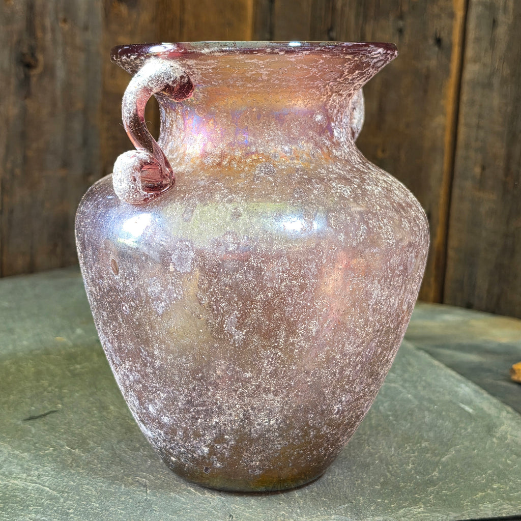 Vintage Murano Pink Scavo Glass Vase Seguso Italy Iridescent Amphora 8” Handled