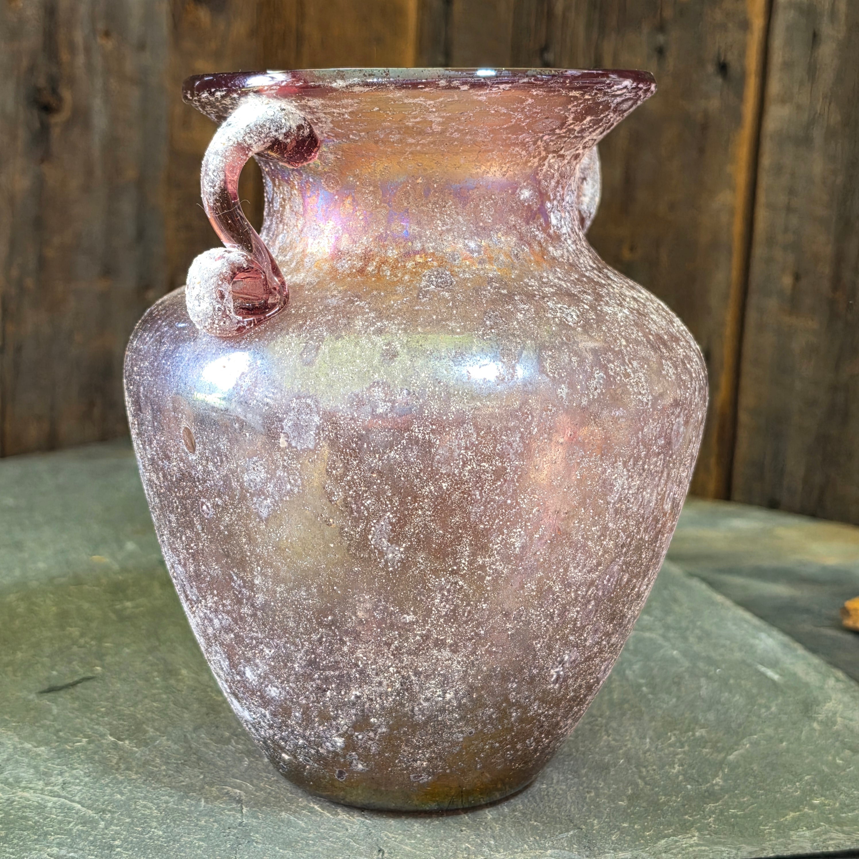 Vintage Murano Pink Scavo Glass Vase Seguso Italy Iridescent Amphora 8” Handled