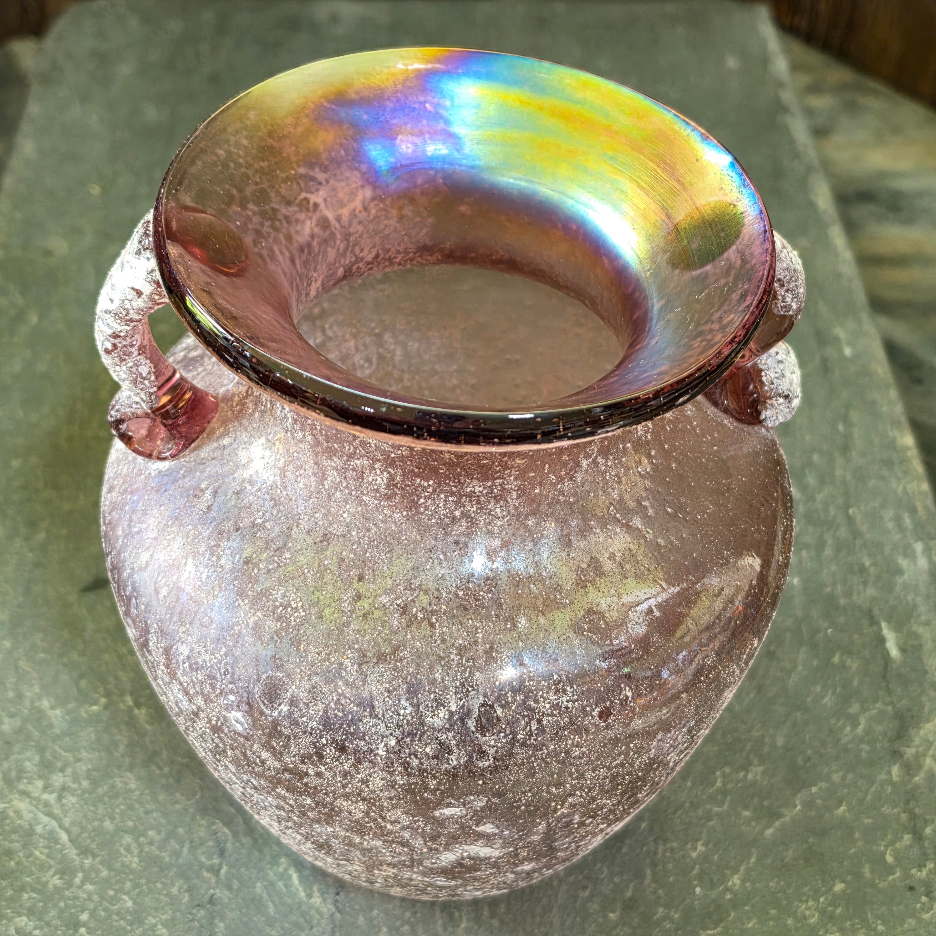 Vintage Murano Pink Scavo Glass Vase Seguso Italy Iridescent Amphora 8” Handled