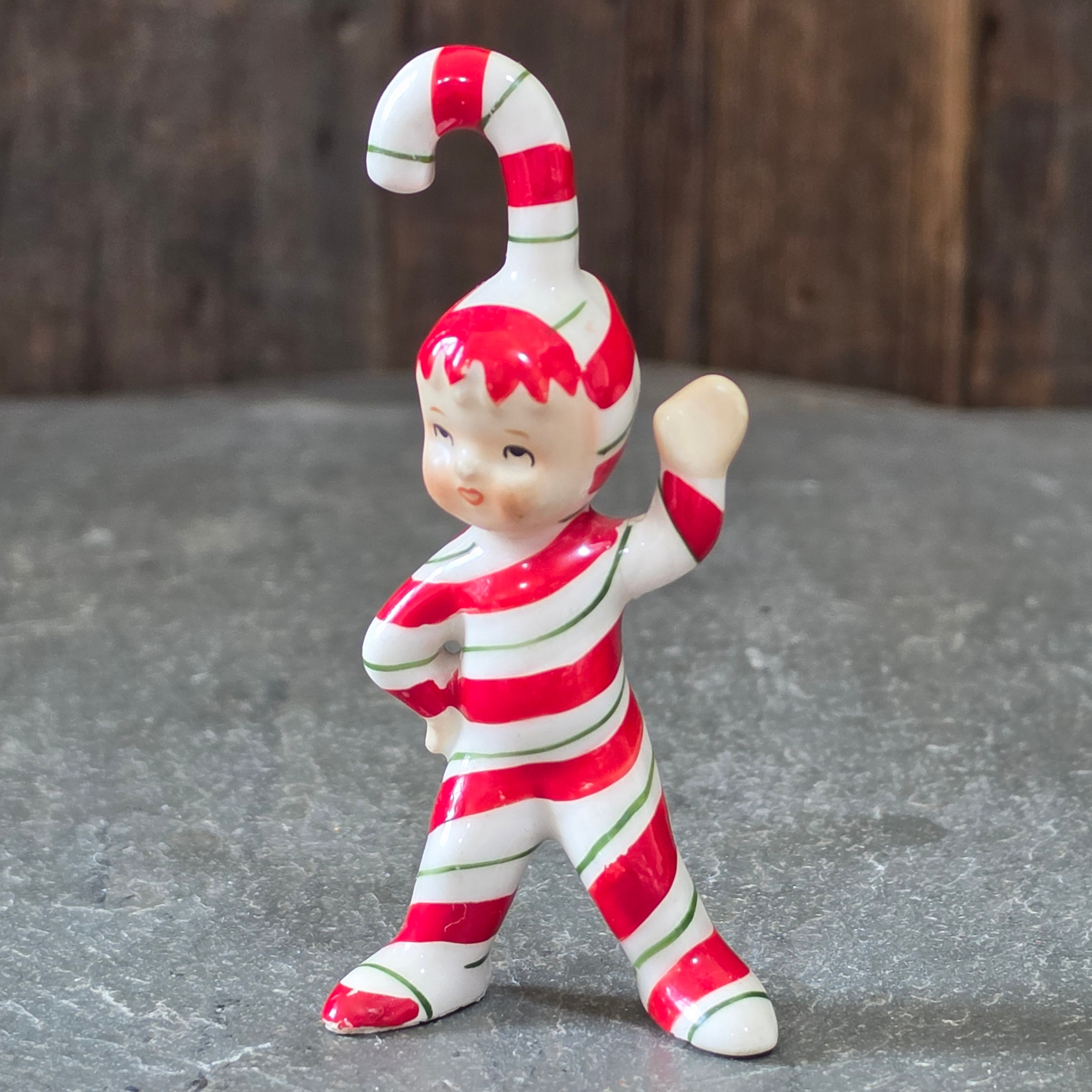 Vintage Lefton Candy Cane Kid Waving Pixie Elf Figurine Japan Christmas Figure