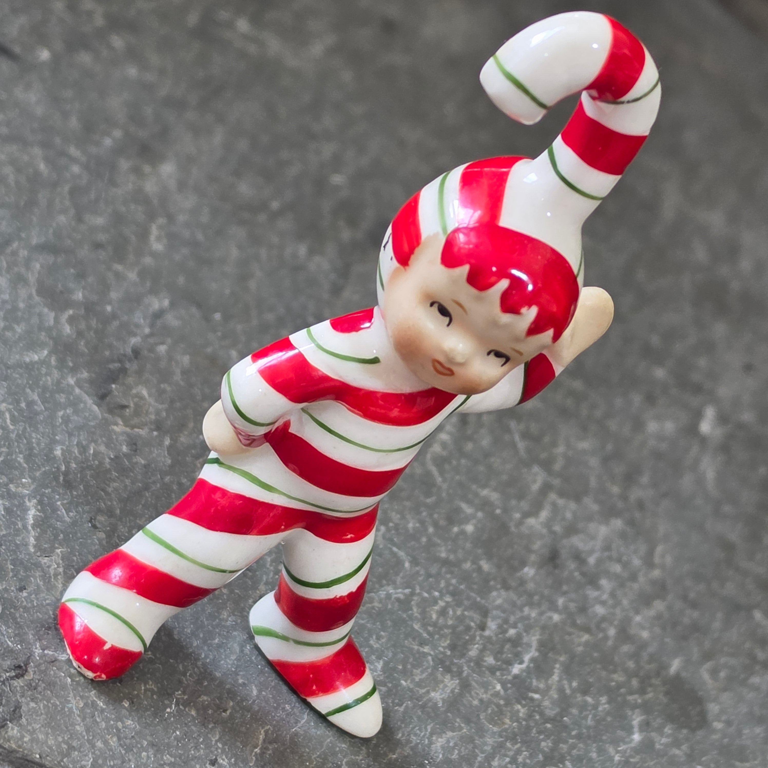 Vintage Lefton Candy Cane Kid Waving Pixie Elf Figurine Japan Christmas Figure