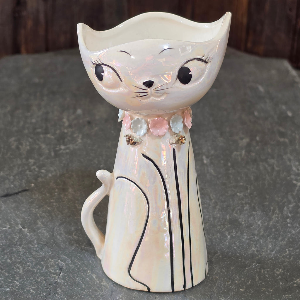 Vintage Lefton Iridescent Lusterware Cat Vase Planter Floral Collar Japan MCM