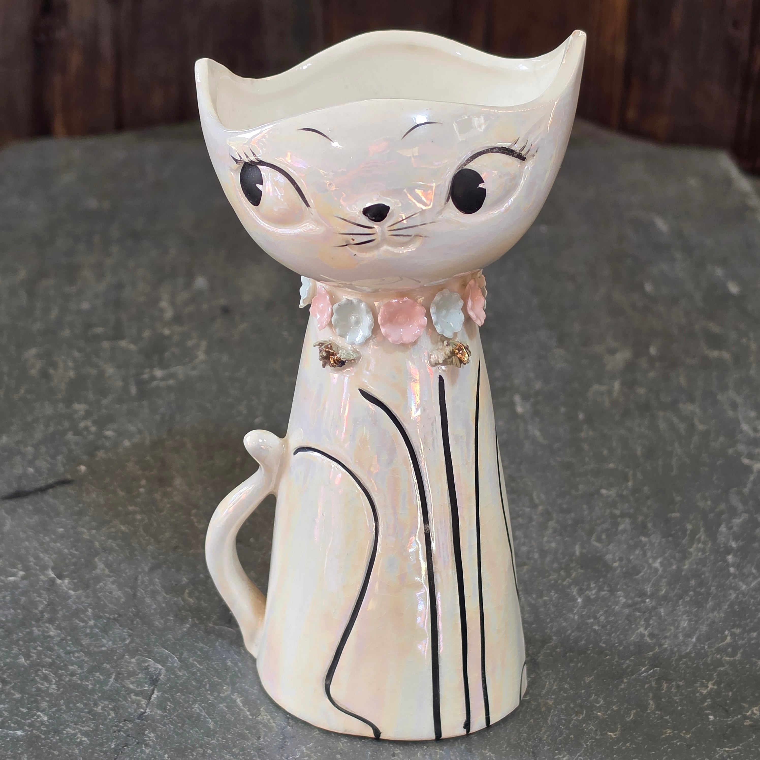 Vintage Lefton Iridescent Lusterware Cat Vase Planter Floral Collar Japan MCM